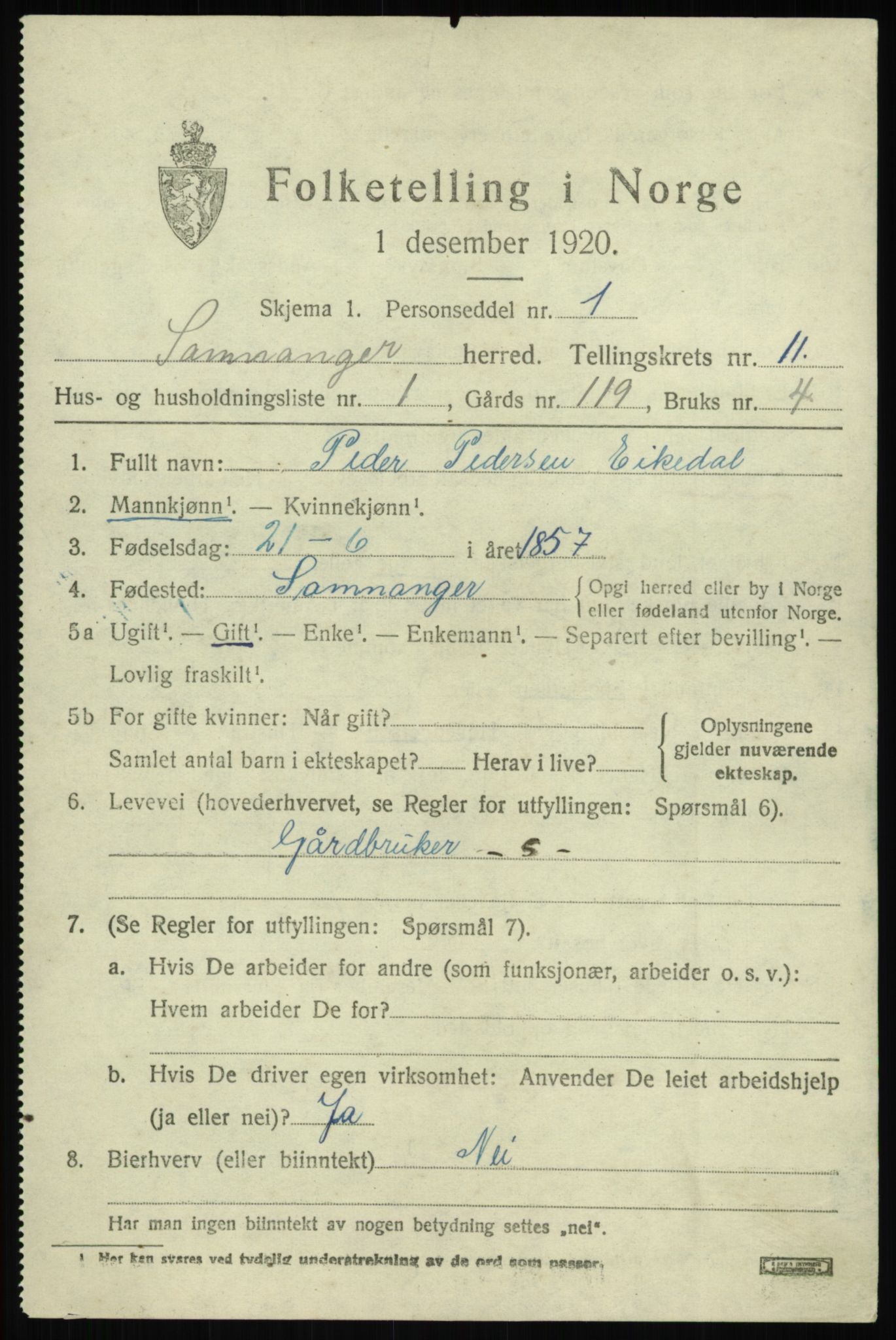 SAB, 1920 census for Samnanger, 1920, p. 4215