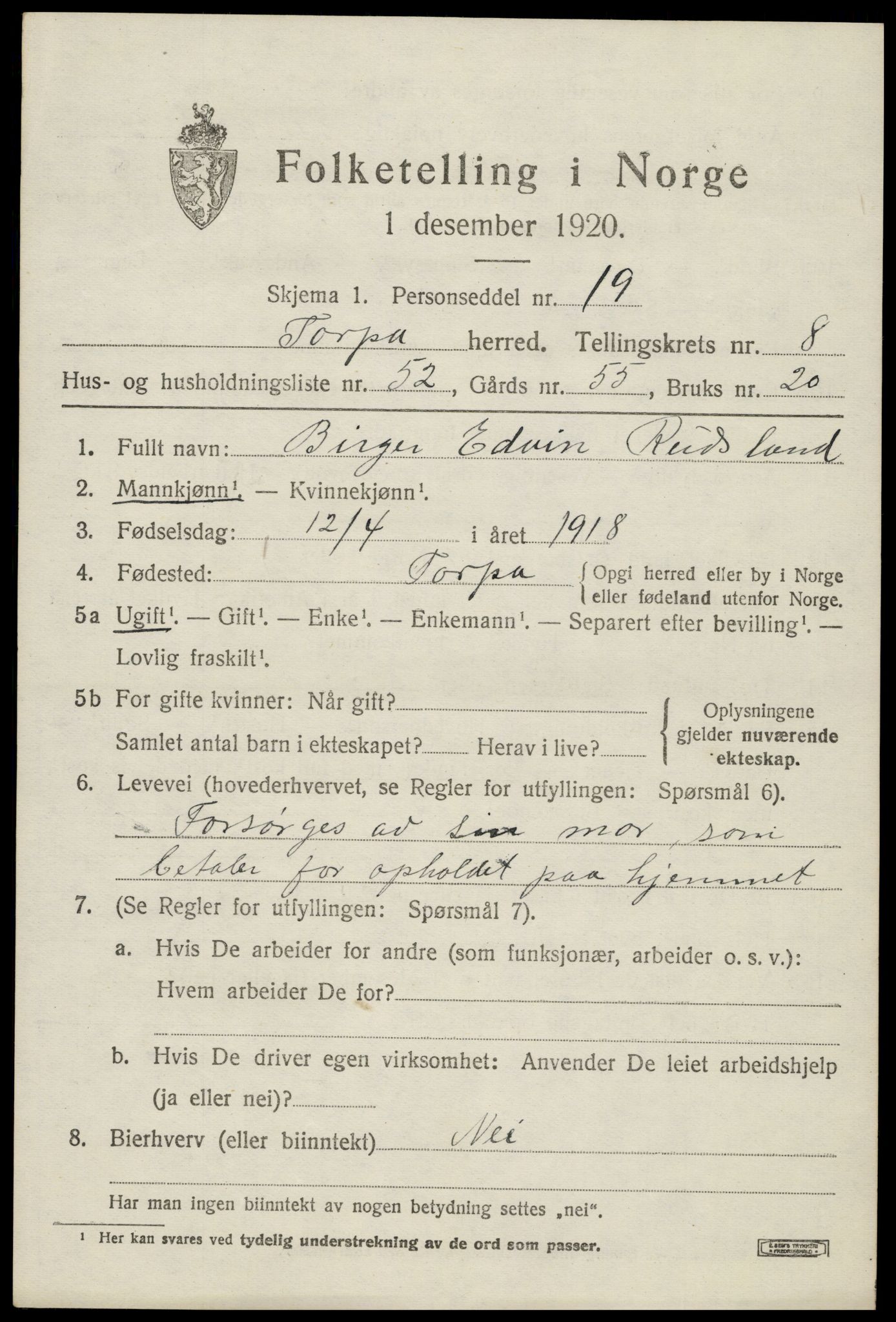 SAH, 1920 census for Torpa, 1920, p. 5219