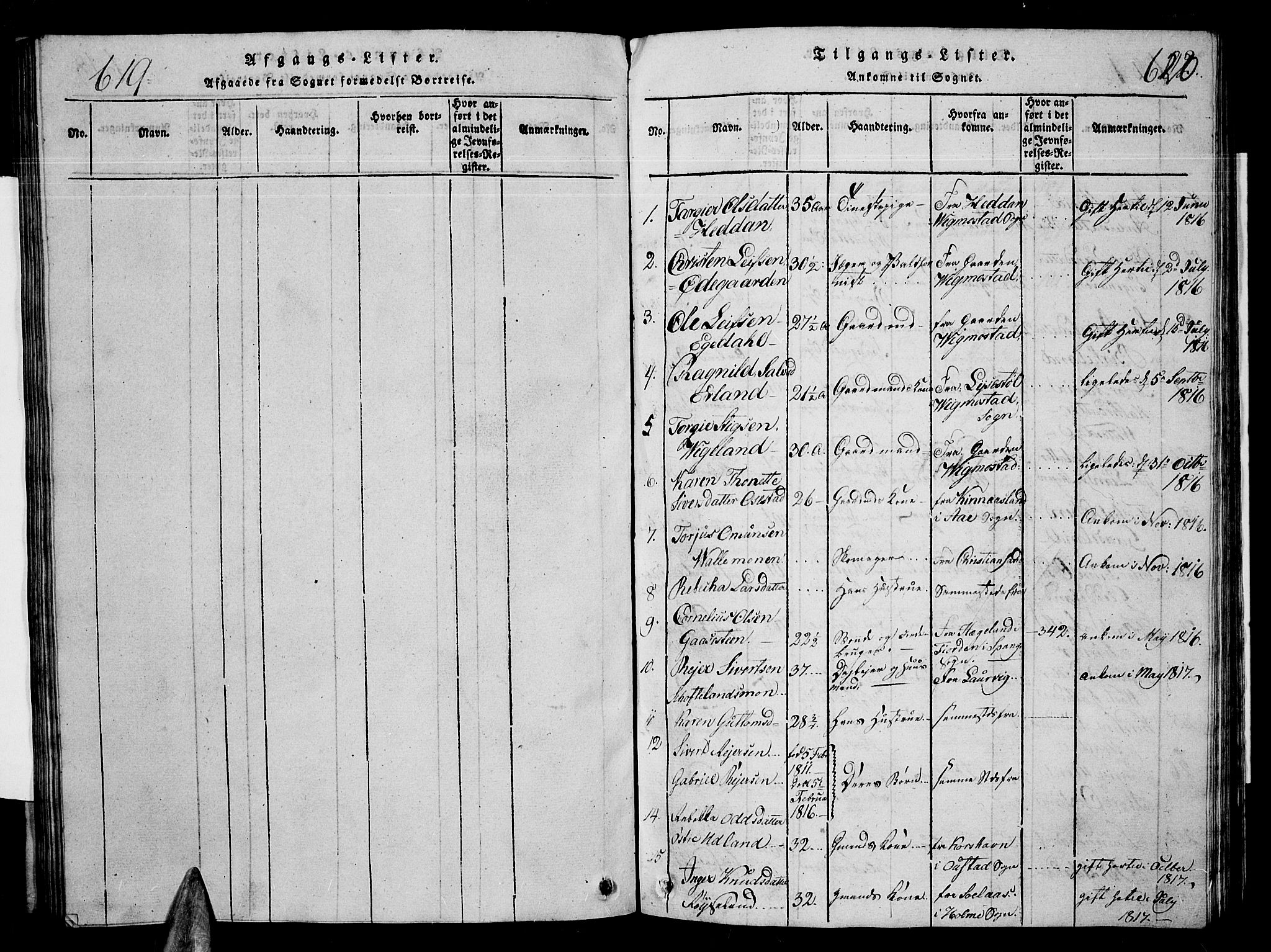 Sør-Audnedal sokneprestkontor, SAK/1111-0039/F/Fb/Fbb/L0001: Parish register (copy) no. B 1, 1815-1827, p. 619-620