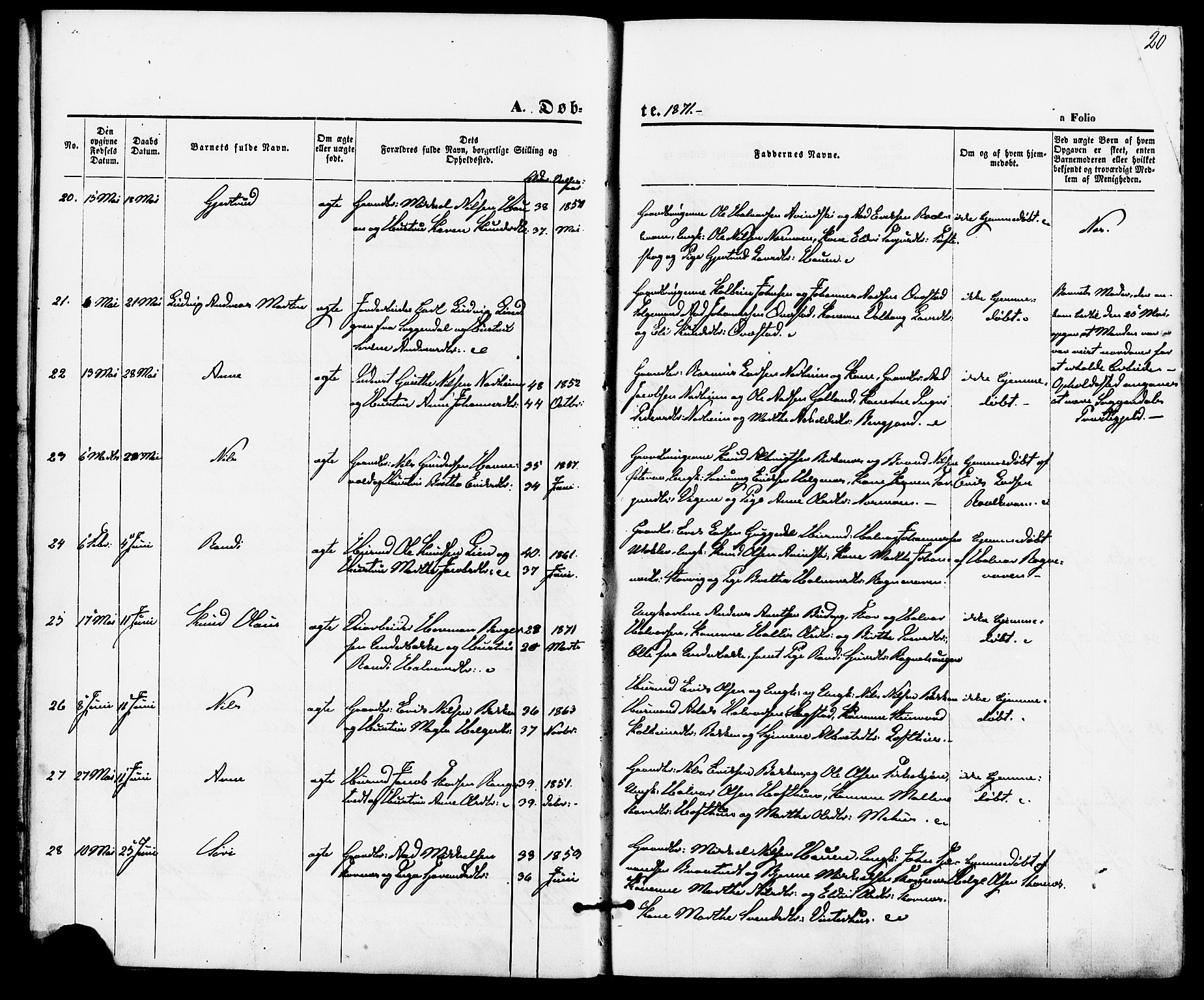 Suldal sokneprestkontor, AV/SAST-A-101845/01/IV/L0010: Parish register (official) no. A 10, 1869-1878, p. 20