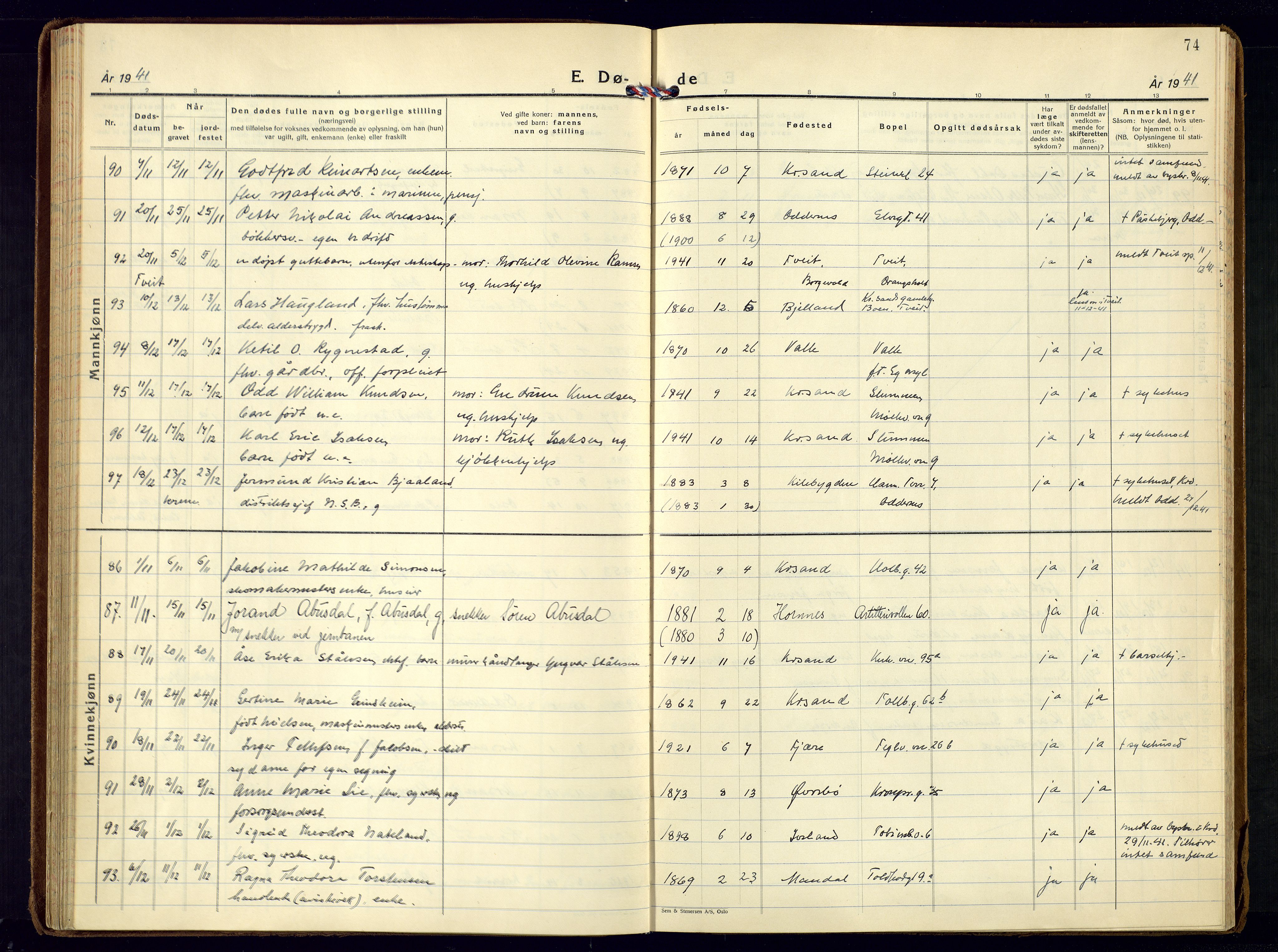 Kristiansand domprosti, AV/SAK-1112-0006/F/Fa/L0037: Parish register (official) no. A-36, 1937-1947, p. 74