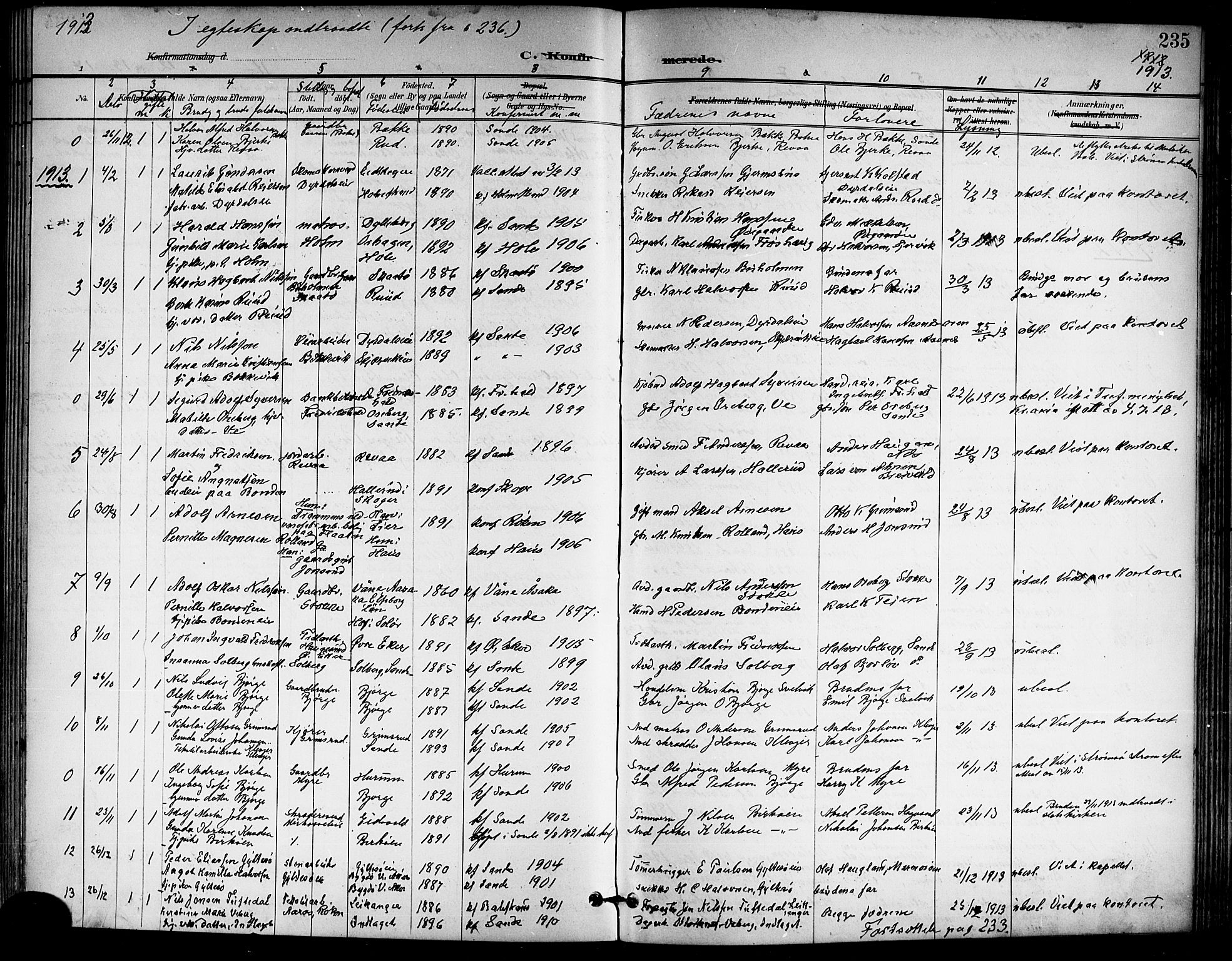 Sande Kirkebøker, AV/SAKO-A-53/G/Ga/L0004: Parish register (copy) no. 4, 1895-1918, p. 235