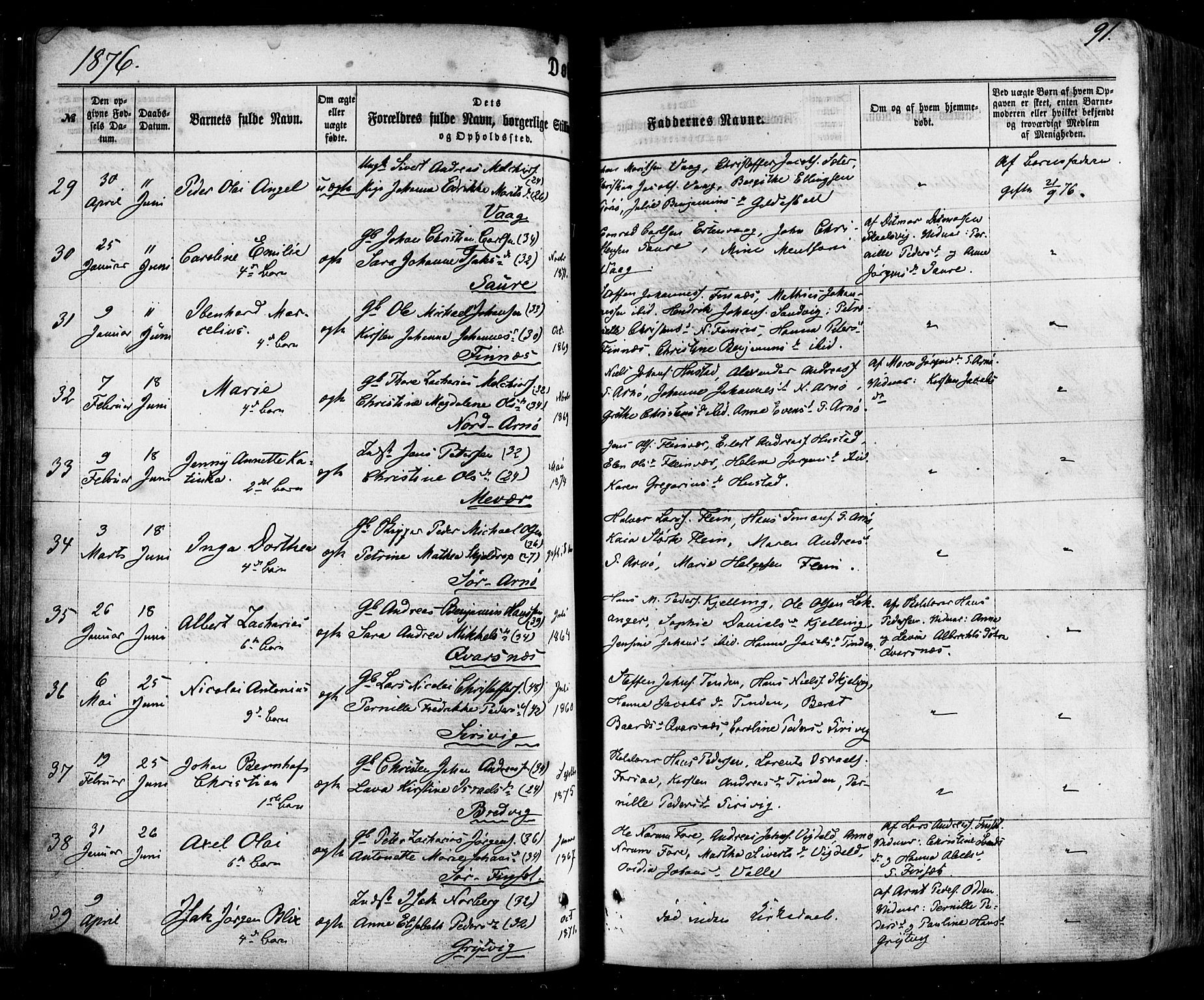 Ministerialprotokoller, klokkerbøker og fødselsregistre - Nordland, SAT/A-1459/805/L0098: Parish register (official) no. 805A05, 1862-1879, p. 91