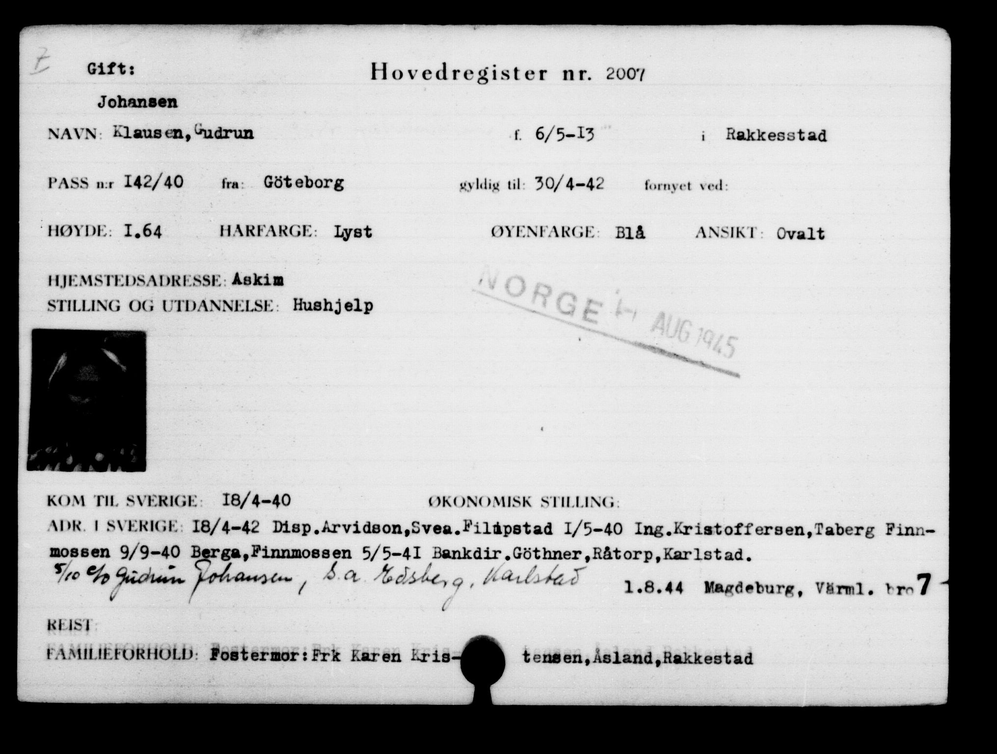 Utenriksstasjonene, Legasjonen i Stockholm, Flyktningkontoret, AV/RA-S-6753/V/Va/L0003: Kjesäterkartoteket, flyktninger med registreringsnr. 2001-3495, 1940-1945, p. 10