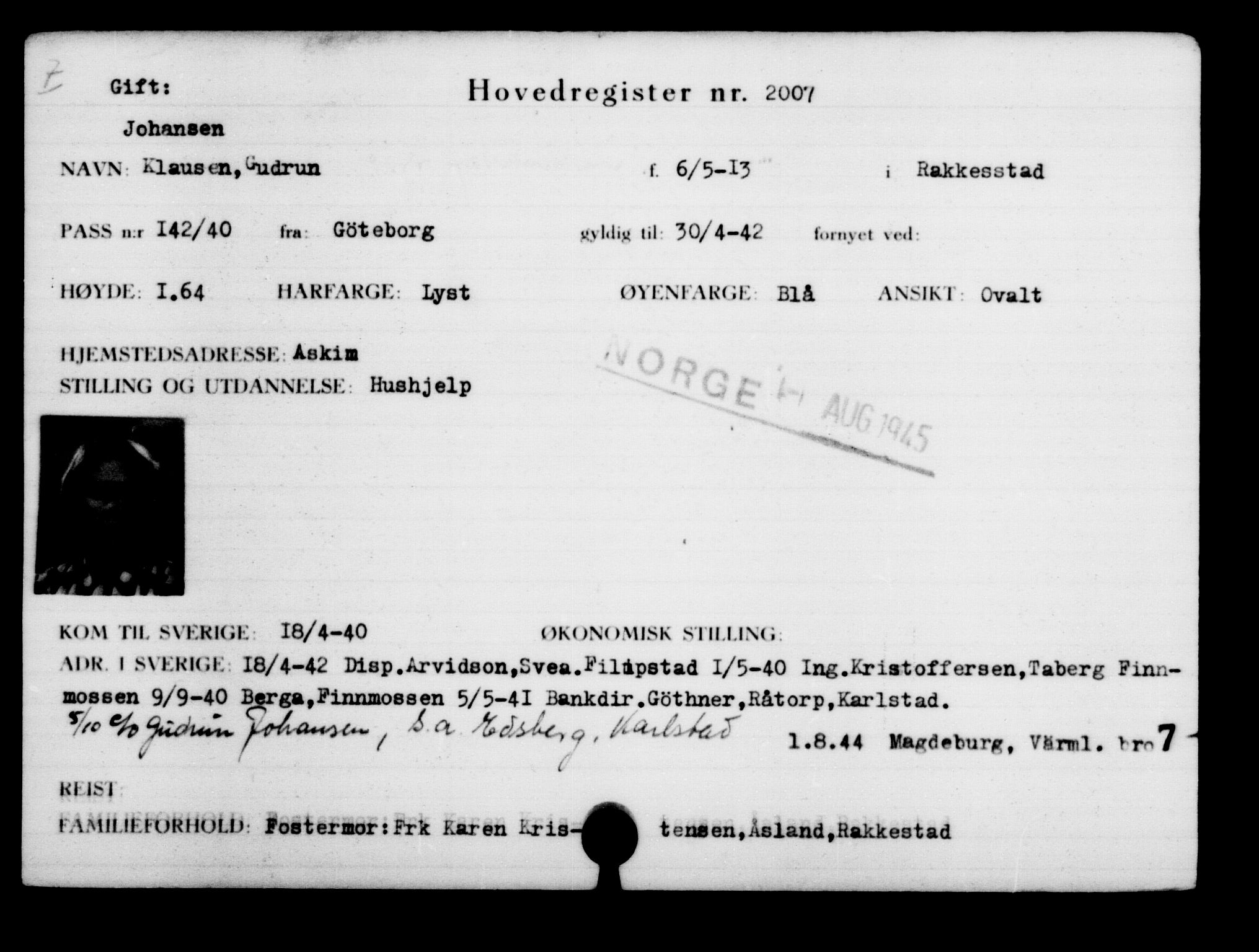 Den Kgl. Norske Legasjons Flyktningskontor, RA/S-6753/V/Va/L0003: Kjesäterkartoteket.  Flyktningenr. 2001-3495, 1940-1945, p. 10