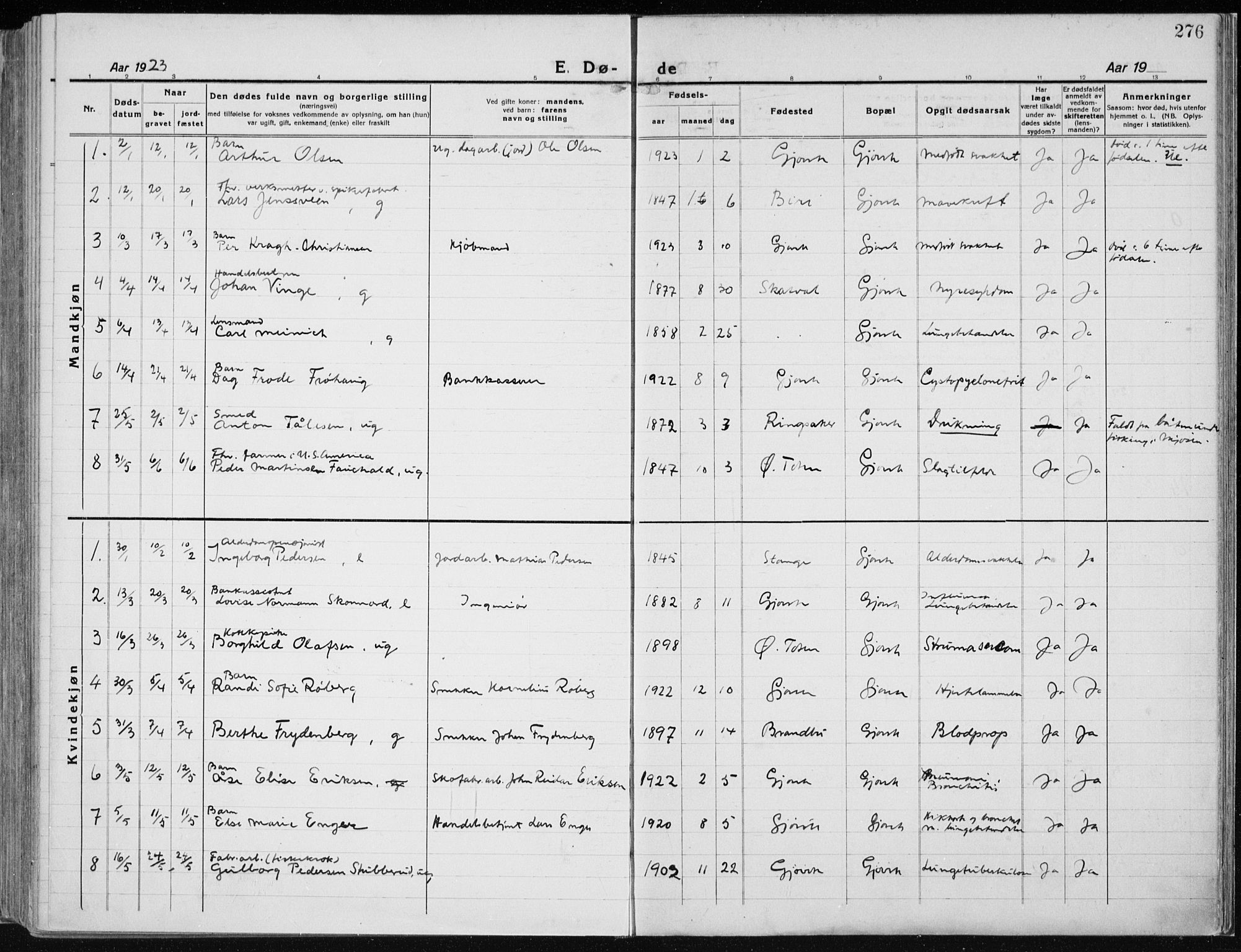 Vardal prestekontor, SAH/PREST-100/H/Ha/Haa/L0015: Parish register (official) no. 15, 1923-1937, p. 276