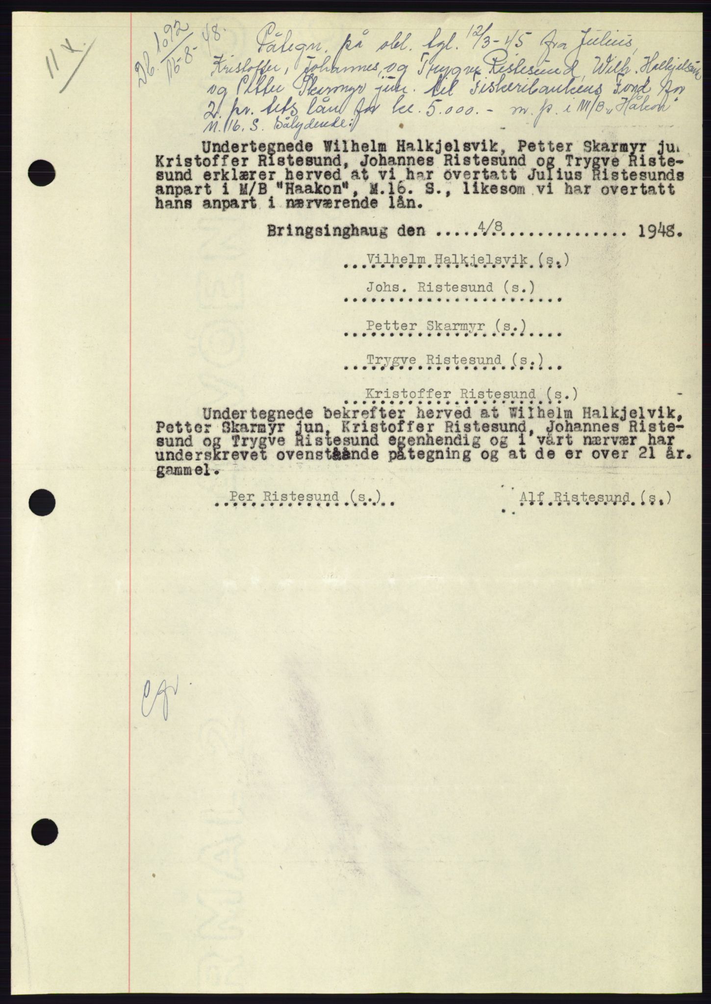 Søre Sunnmøre sorenskriveri, AV/SAT-A-4122/1/2/2C/L0116: Mortgage book no. 4B, 1948-1949, Diary no: : 1092/1948