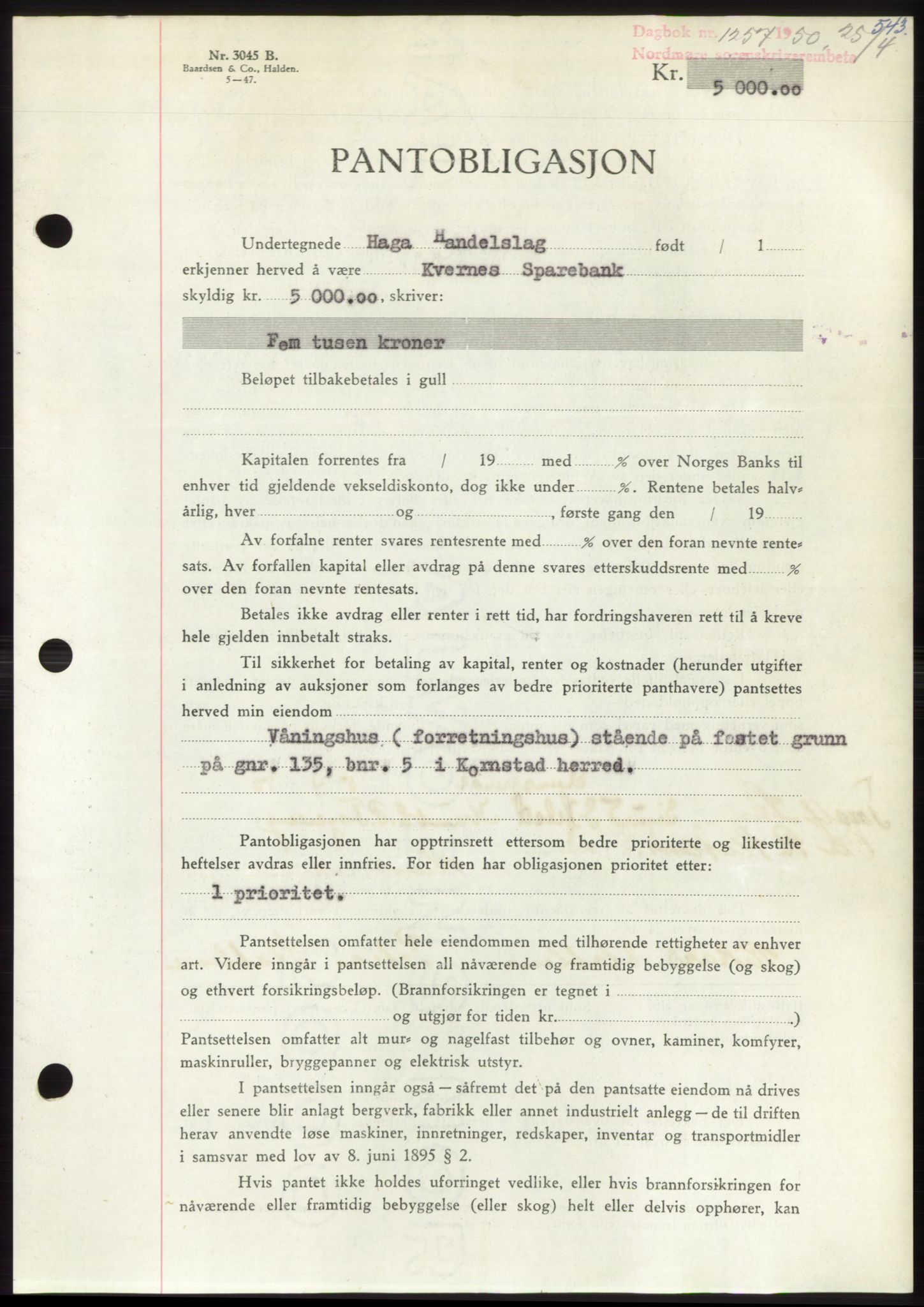 Nordmøre sorenskriveri, AV/SAT-A-4132/1/2/2Ca: Mortgage book no. B104, 1950-1950, Diary no: : 1257/1950