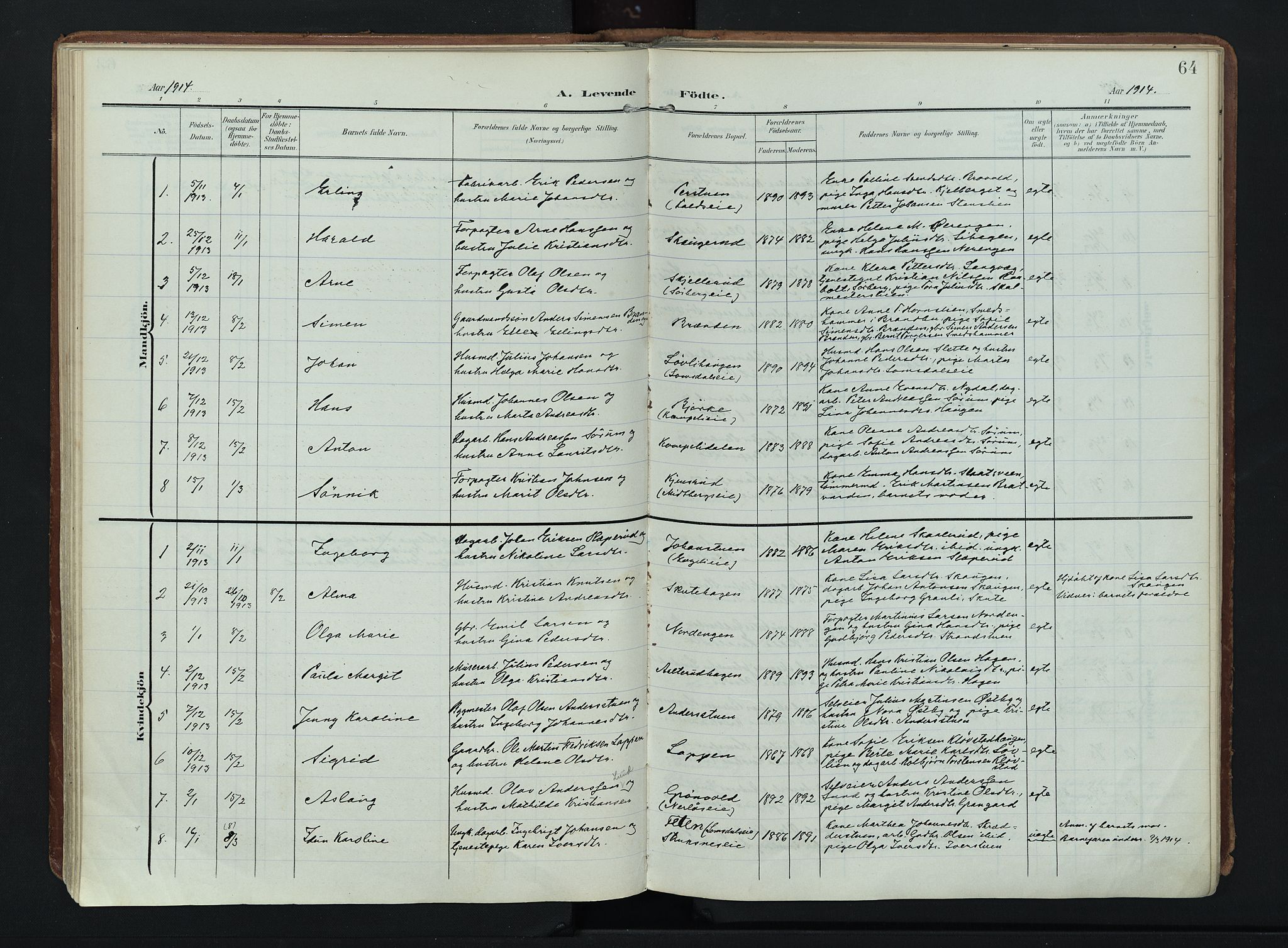 Søndre Land prestekontor, SAH/PREST-122/K/L0007: Parish register (official) no. 7, 1905-1914, p. 64