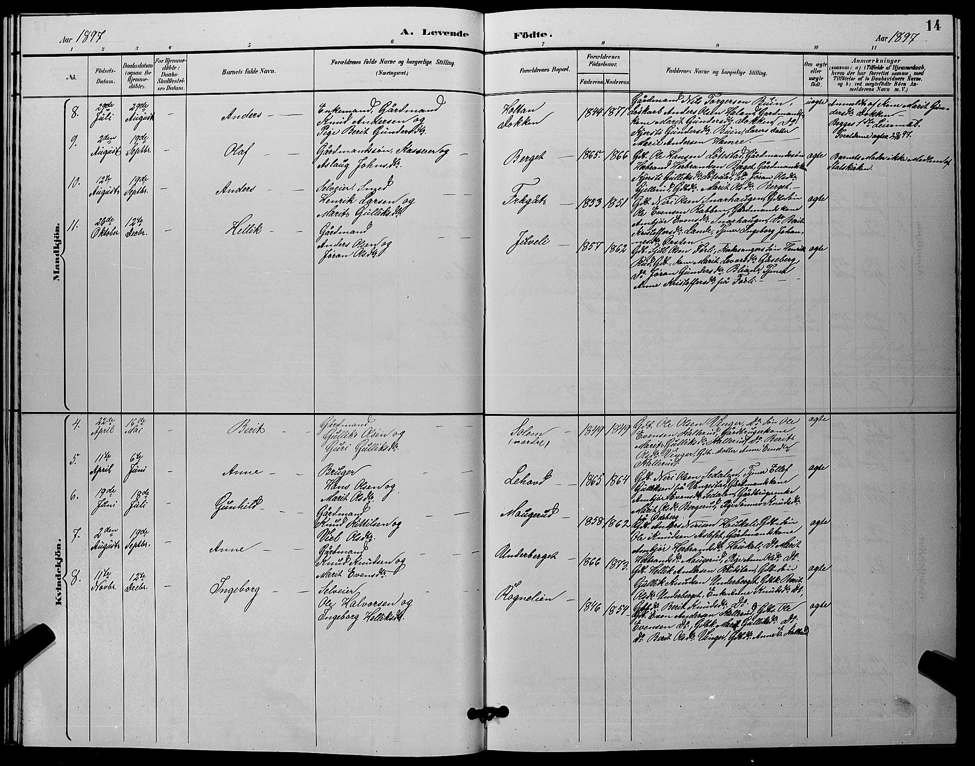 Flesberg kirkebøker, AV/SAKO-A-18/G/Ga/L0004: Parish register (copy) no. I 4 /1, 1890-1898, p. 14