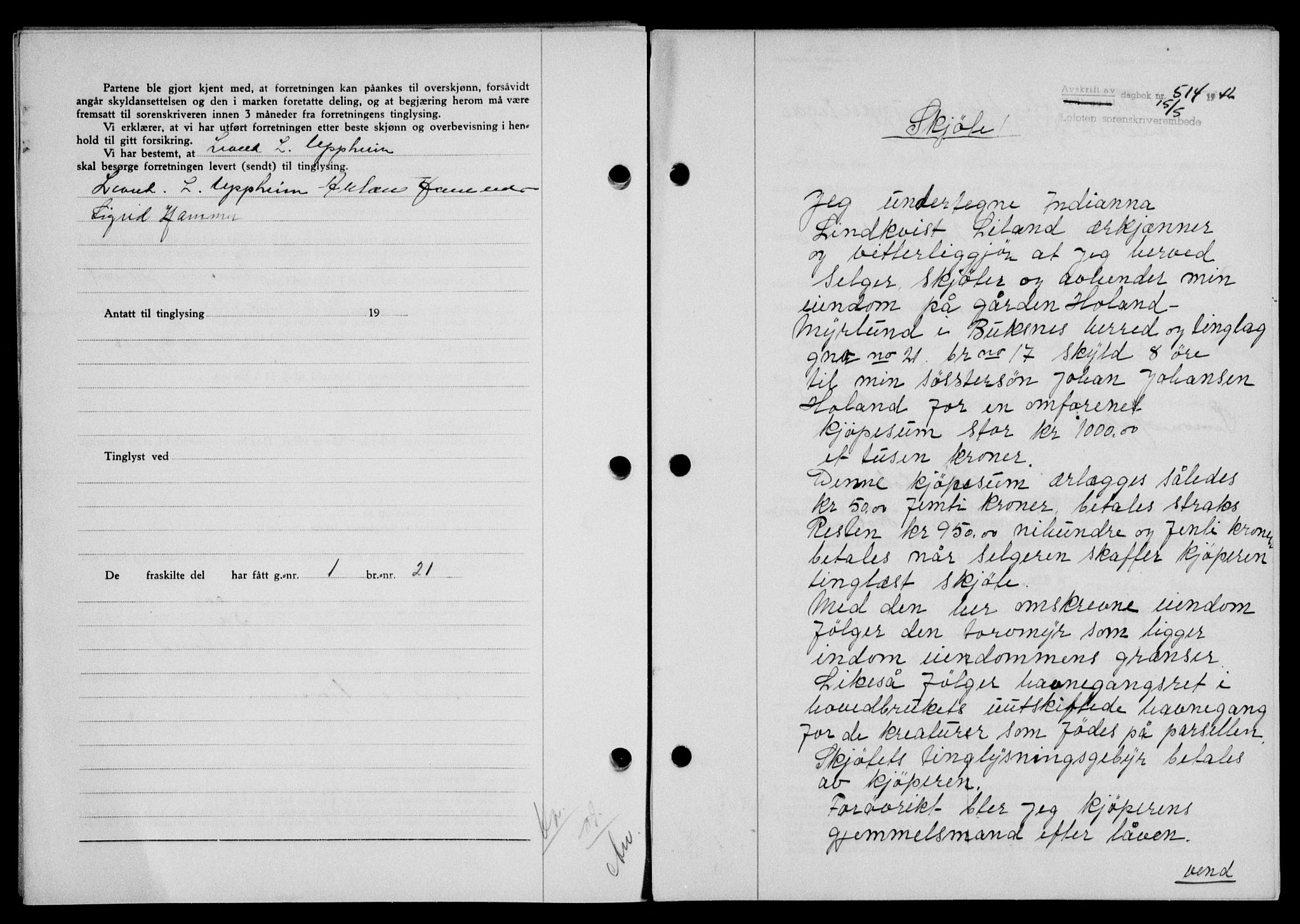 Lofoten sorenskriveri, SAT/A-0017/1/2/2C/L0014a: Mortgage book no. 14a, 1946-1946, Diary no: : 514/1946