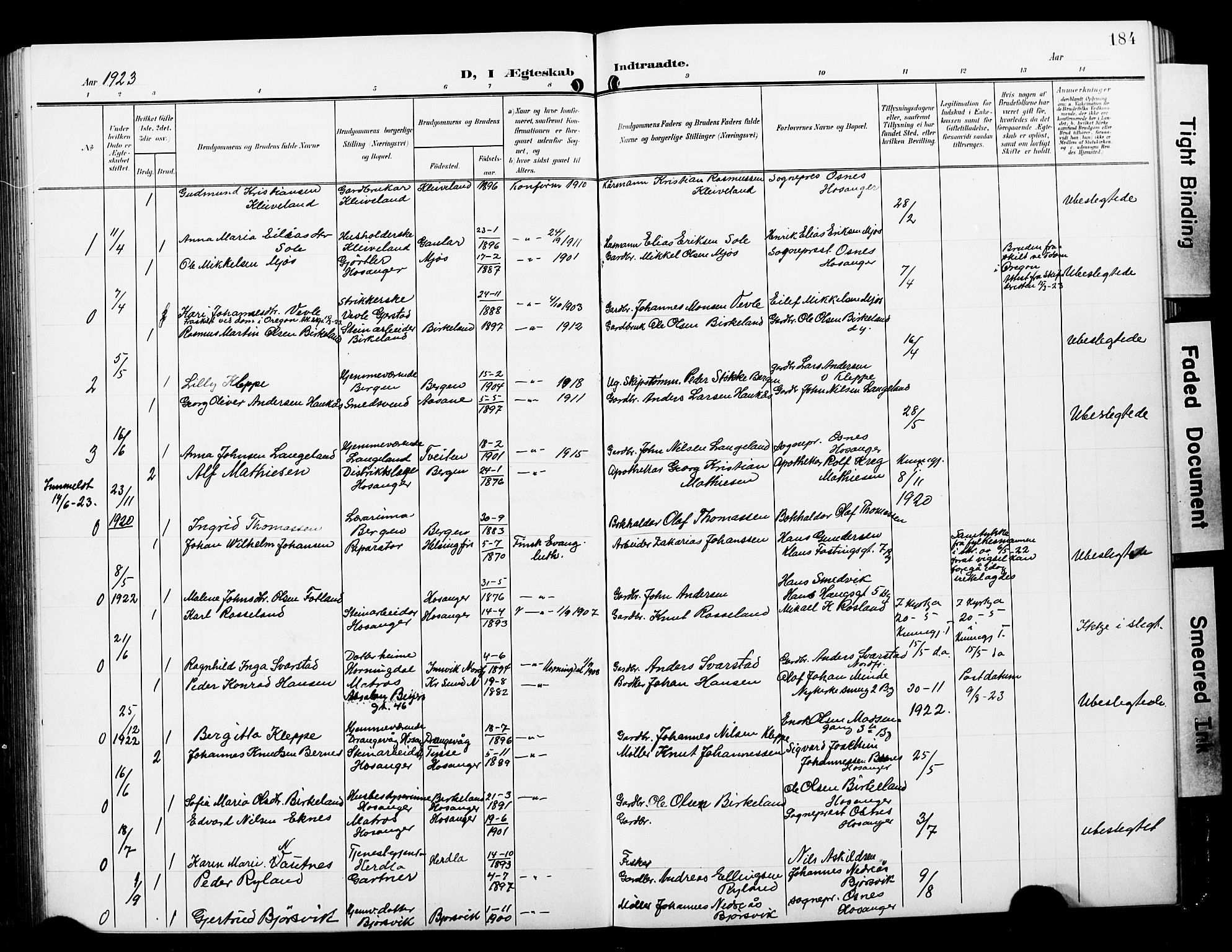 Hosanger sokneprestembete, SAB/A-75801/H/Hab: Parish register (copy) no. A 4, 1904-1927, p. 184