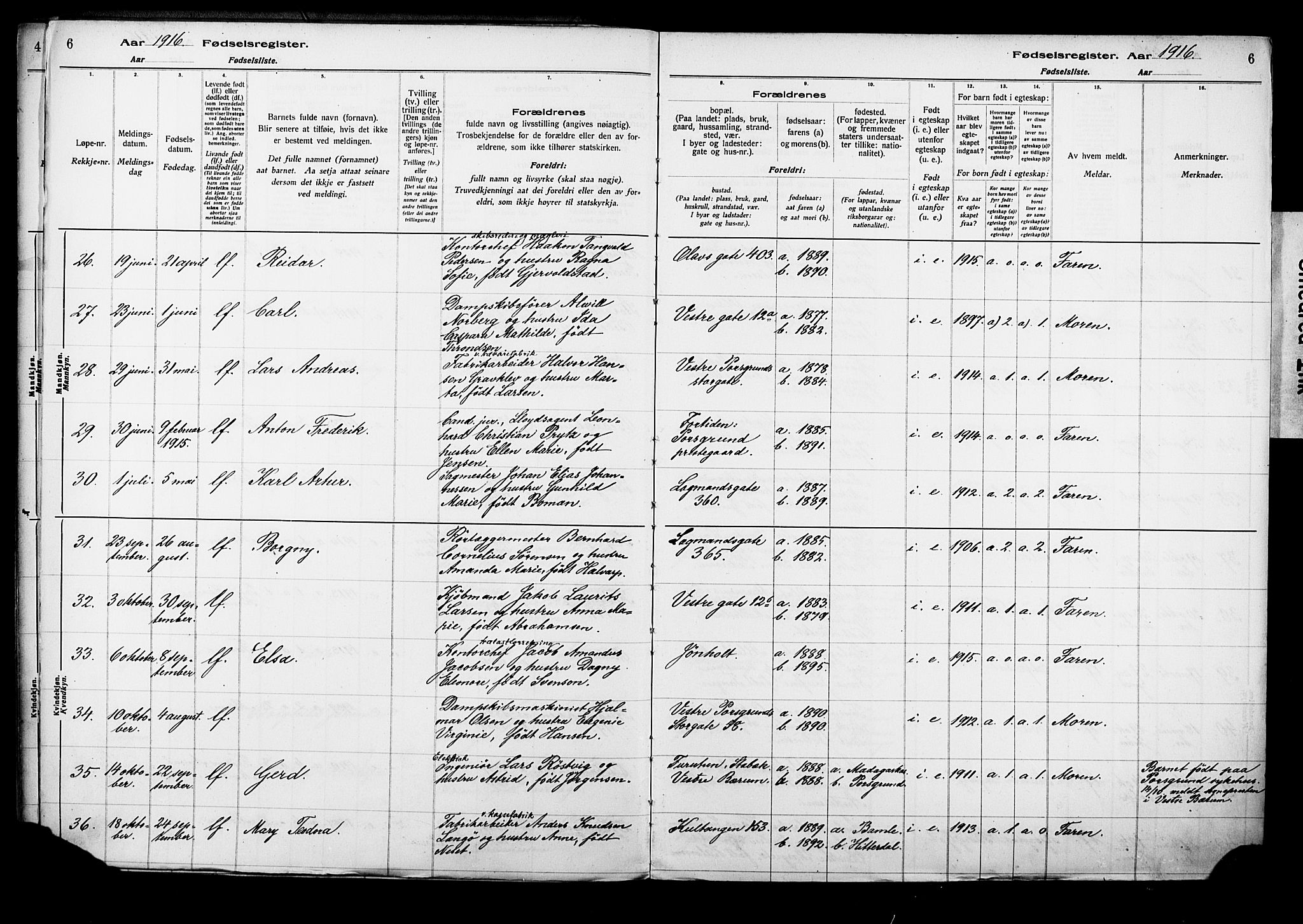 Porsgrunn kirkebøker , AV/SAKO-A-104/J/Ja/L0001: Birth register no. 1, 1916-1929, p. 6