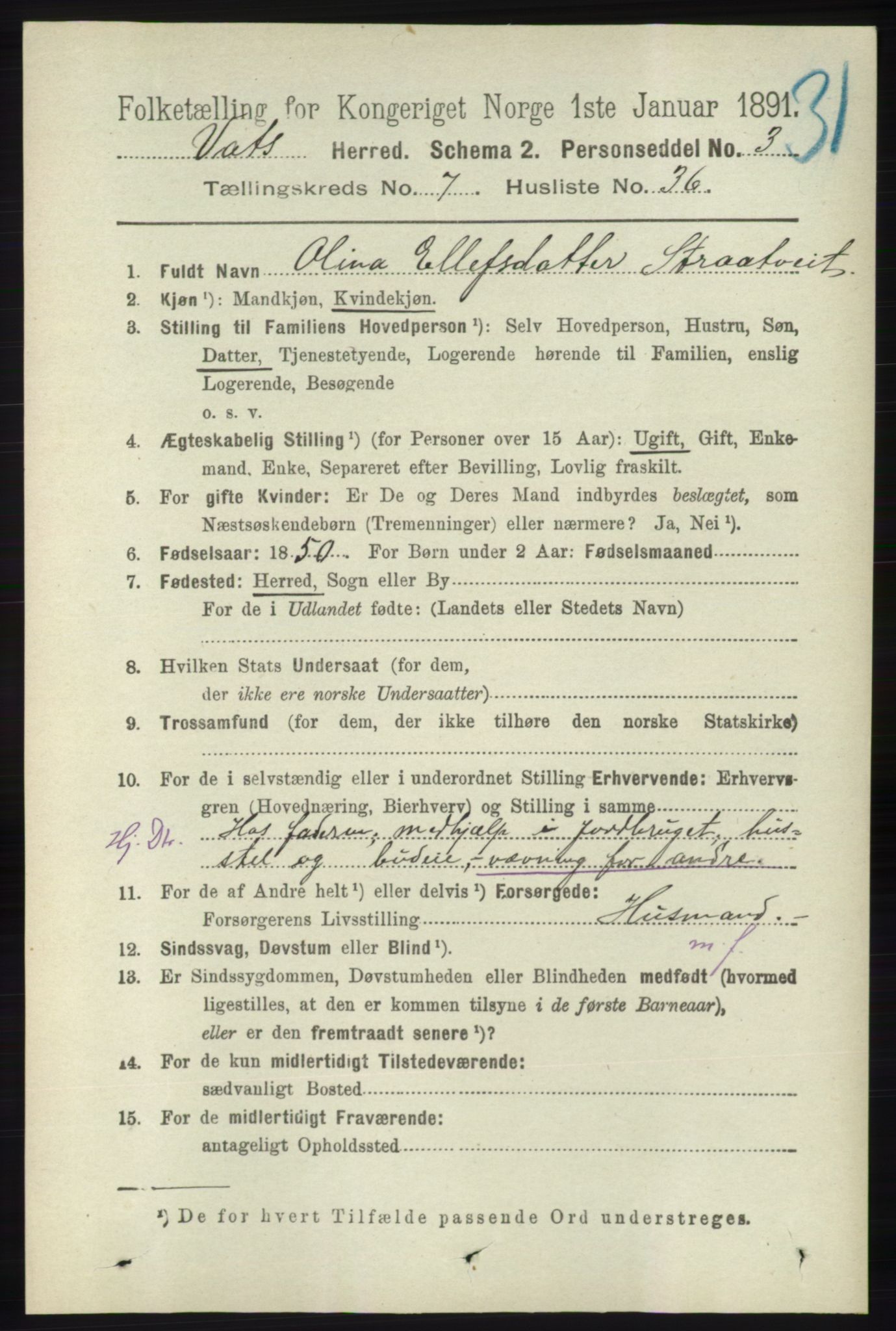 RA, 1891 census for 1155 Vats, 1891, p. 1285