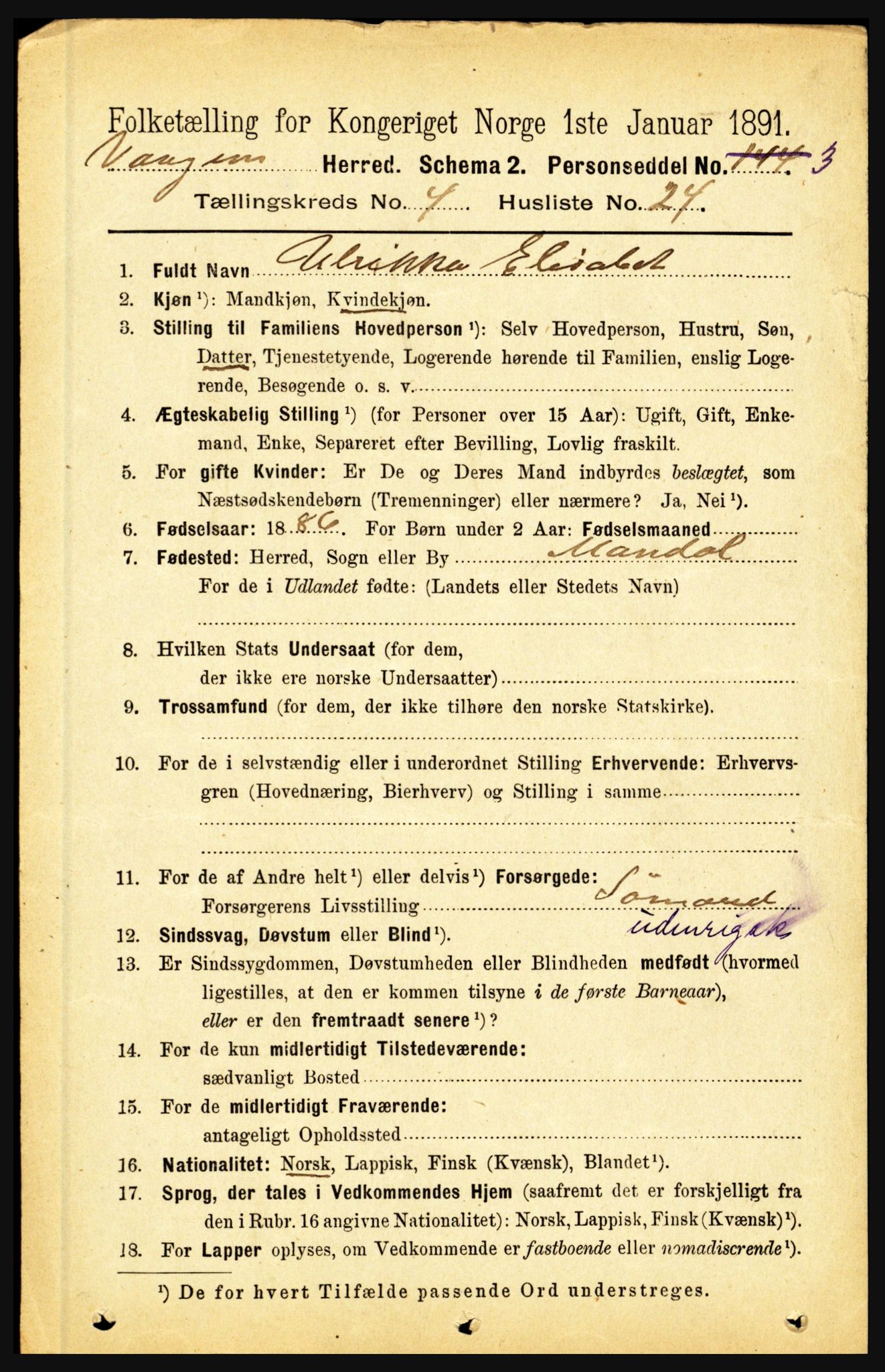 RA, 1891 census for 1865 Vågan, 1891, p. 1082