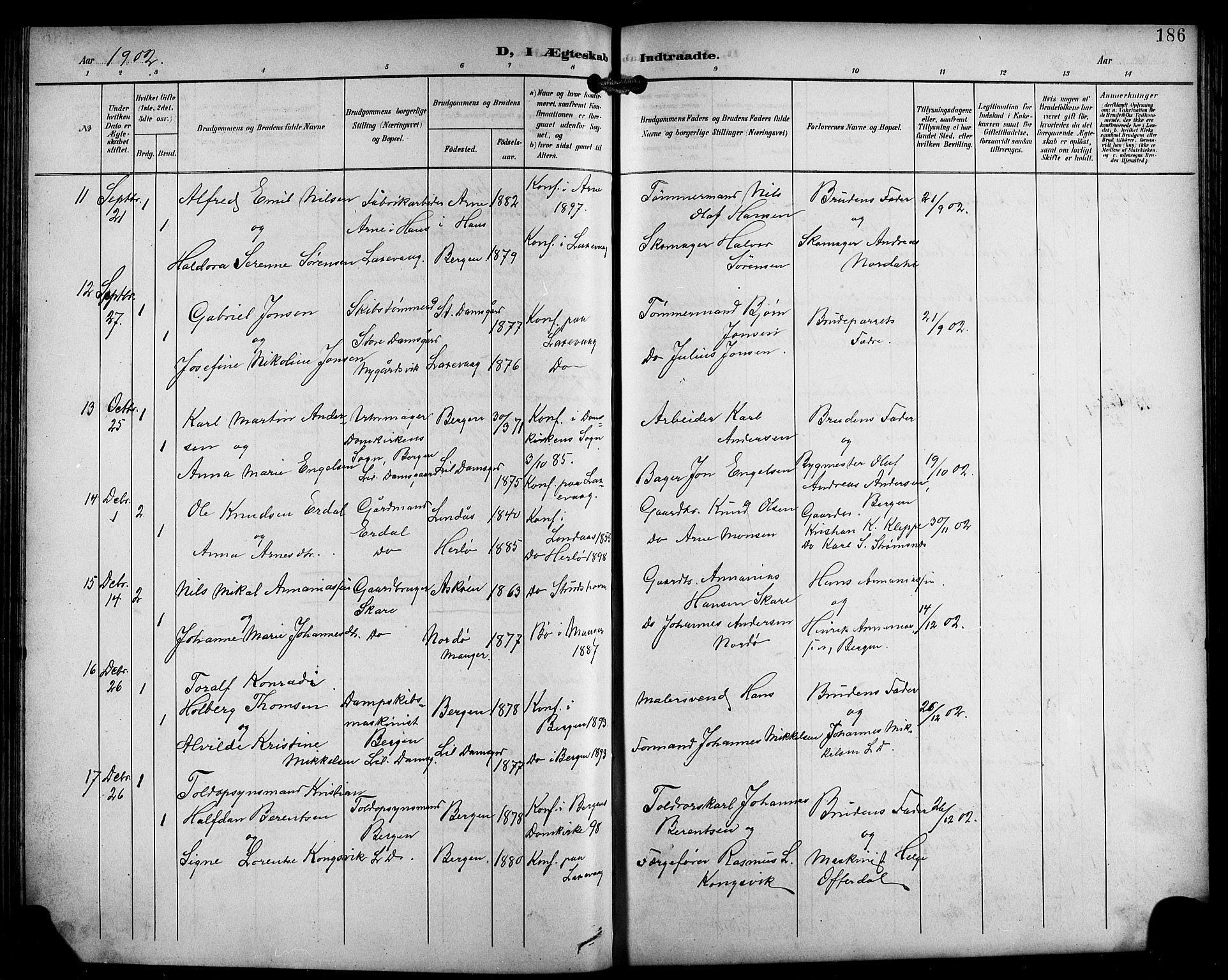 Laksevåg Sokneprestembete, SAB/A-76501/H/Ha/Hab/Haba/L0004: Parish register (copy) no. A 4, 1899-1909, p. 186