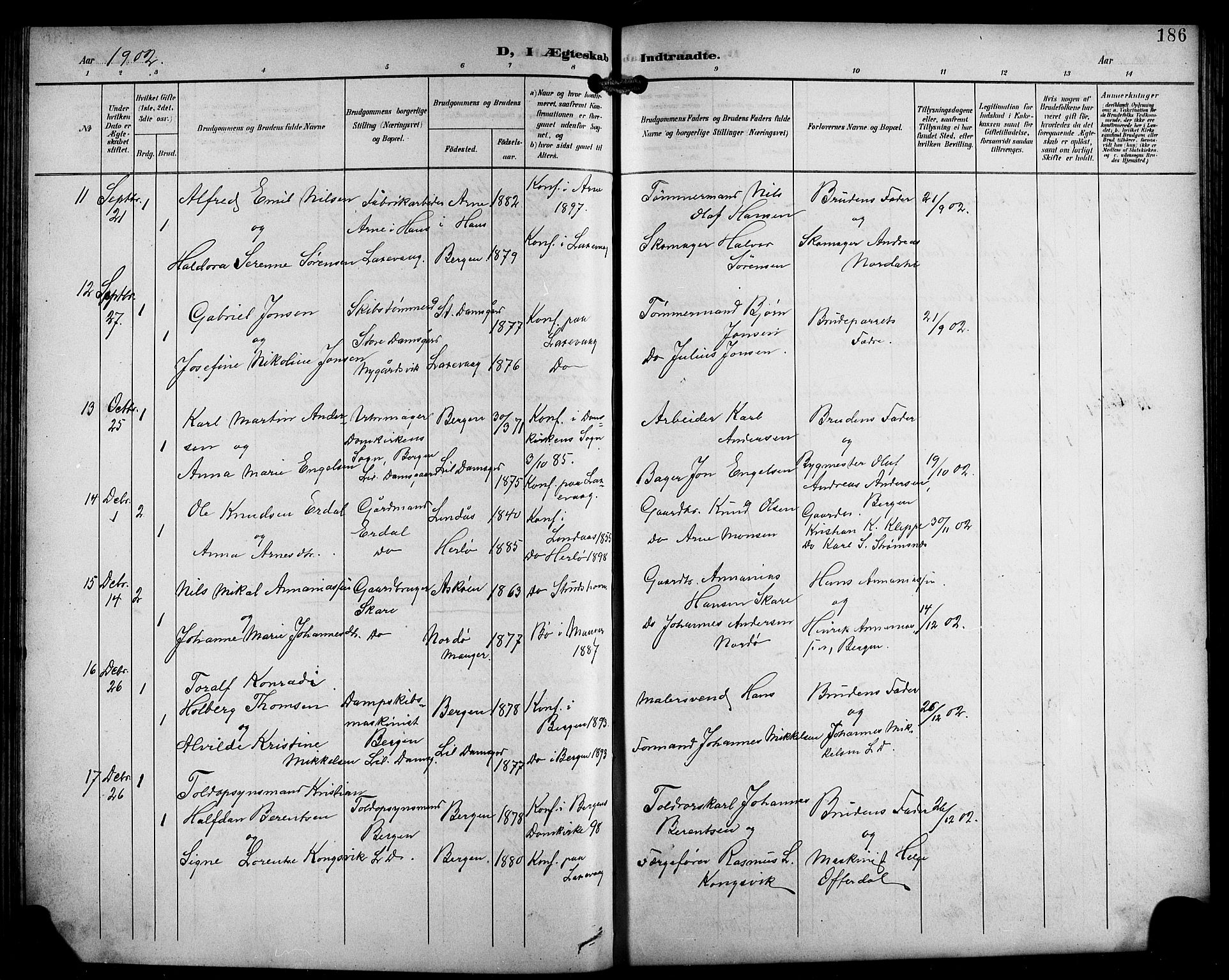 Laksevåg Sokneprestembete, AV/SAB-A-76501/H/Ha/Hab/Haba/L0004: Parish register (copy) no. A 4, 1899-1909, p. 186