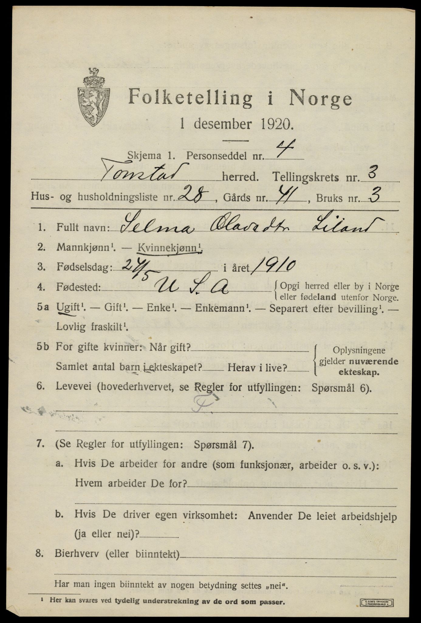 SAK, 1920 census for Tonstad, 1920, p. 1278