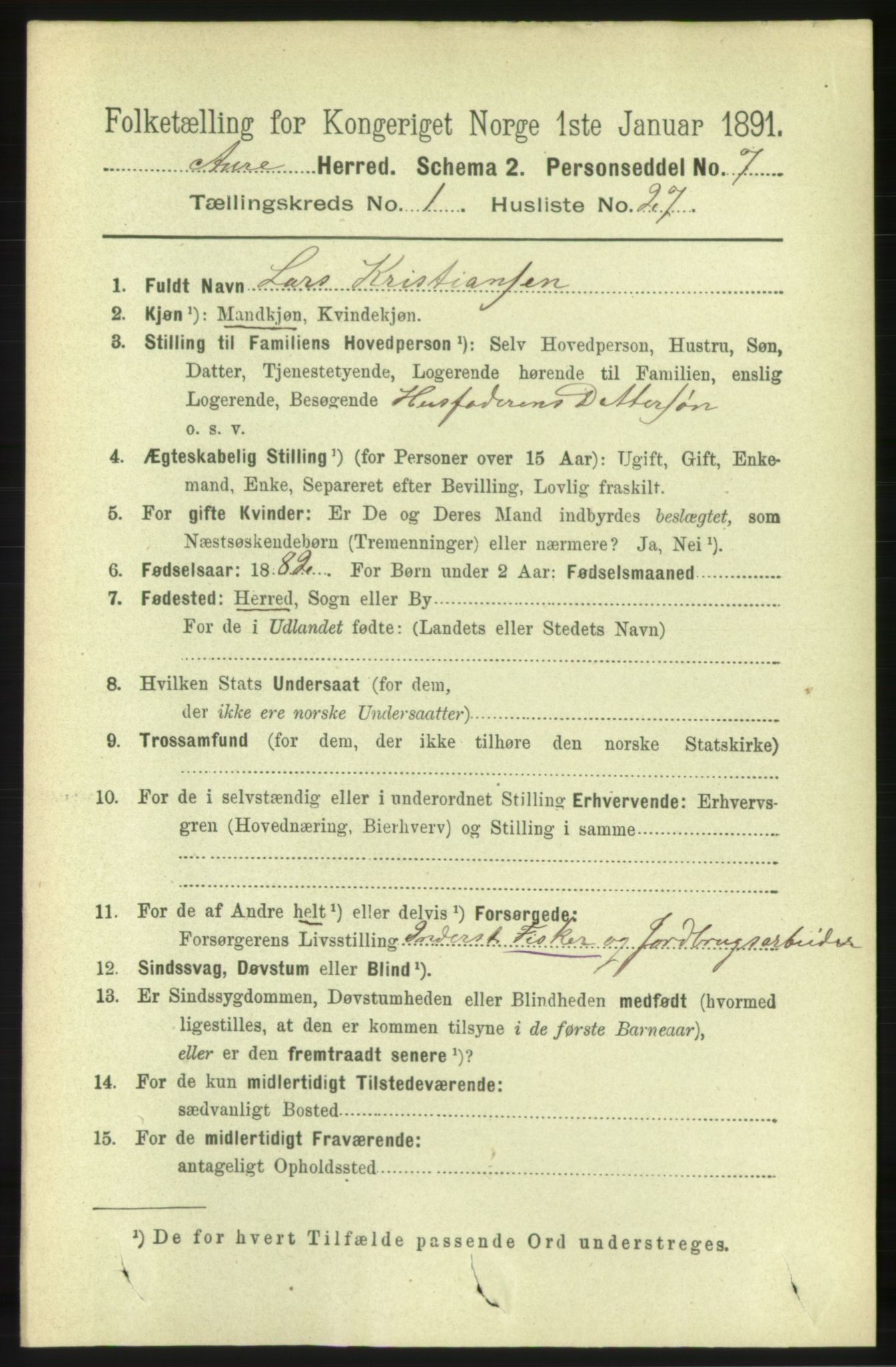 RA, 1891 census for 1569 Aure, 1891, p. 283