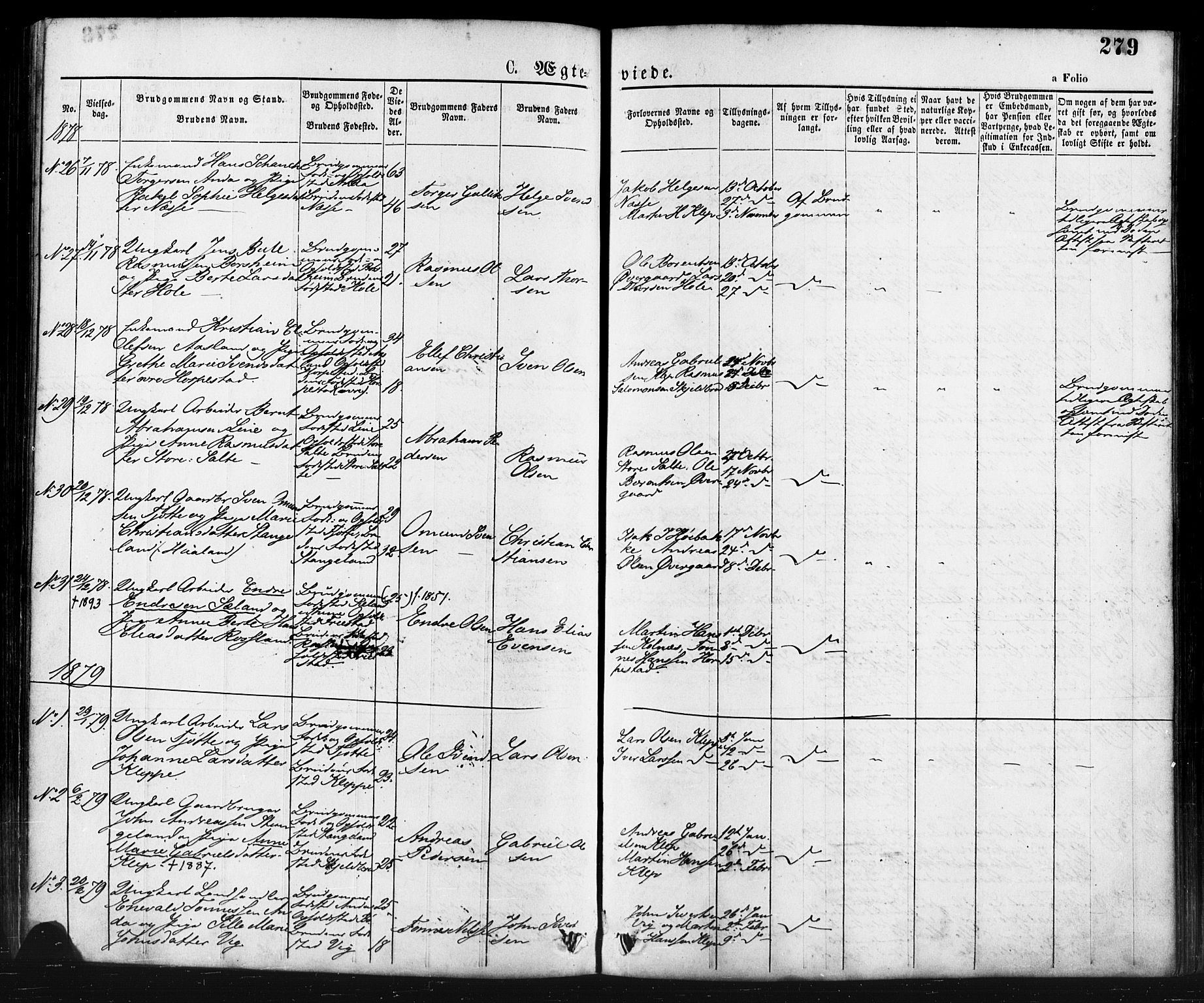 Klepp sokneprestkontor, AV/SAST-A-101803/001/3/30BA/L0006: Parish register (official) no. A 6, 1871-1885, p. 279