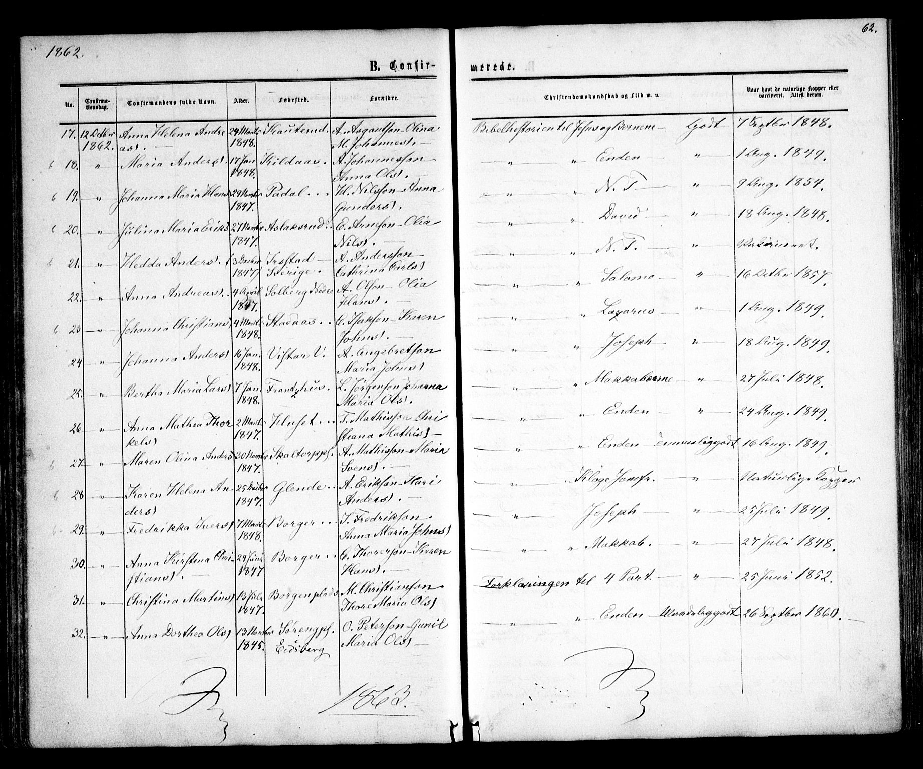 Skiptvet prestekontor Kirkebøker, AV/SAO-A-20009/F/Fa/L0007: Parish register (official) no. 7, 1861-1866, p. 62