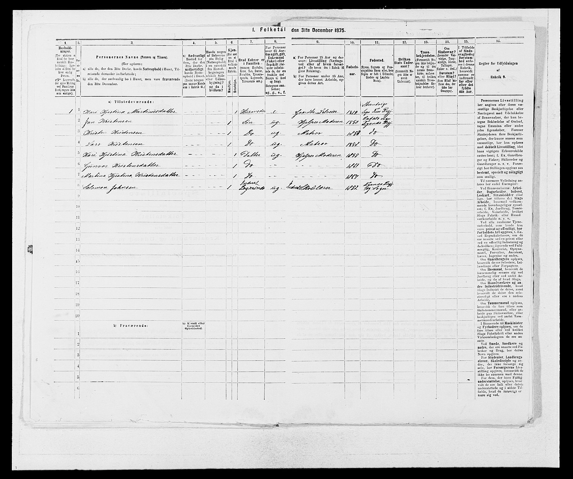 SAB, 1875 census for 1223P Tysnes, 1875, p. 225