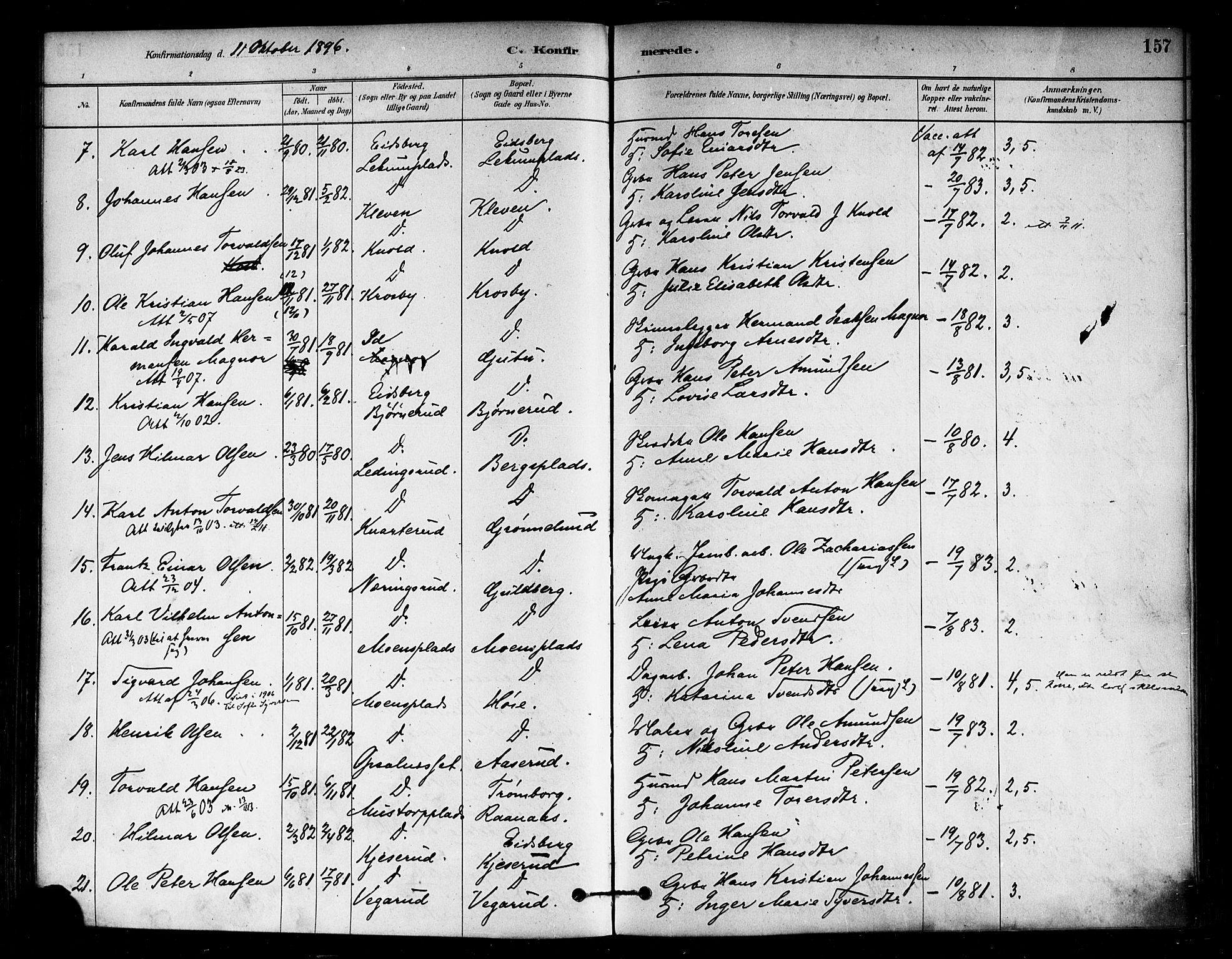 Eidsberg prestekontor Kirkebøker, AV/SAO-A-10905/F/Fa/L0012: Parish register (official) no. I 12, 1879-1901, p. 157