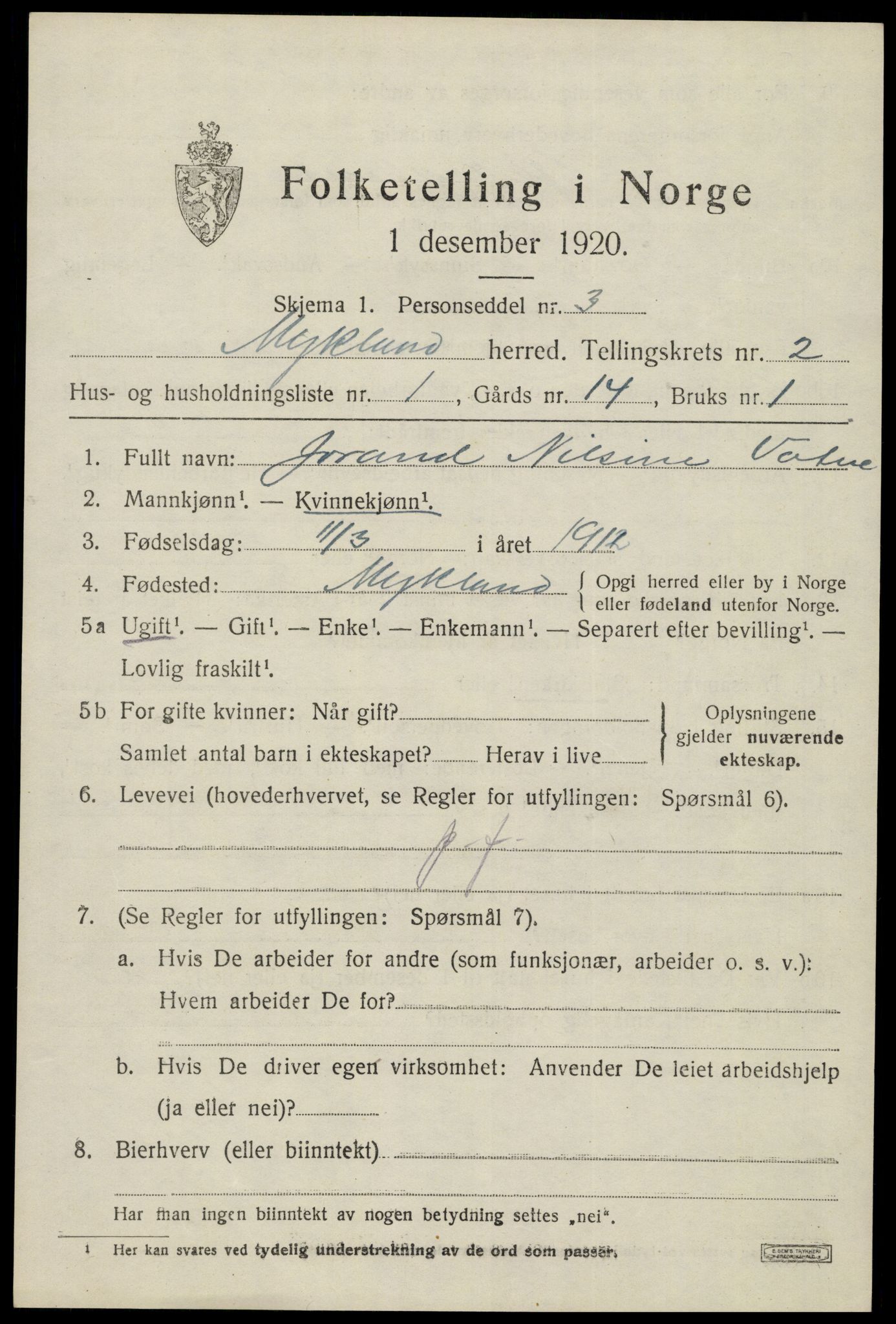 SAK, 1920 census for Mykland, 1920, p. 708