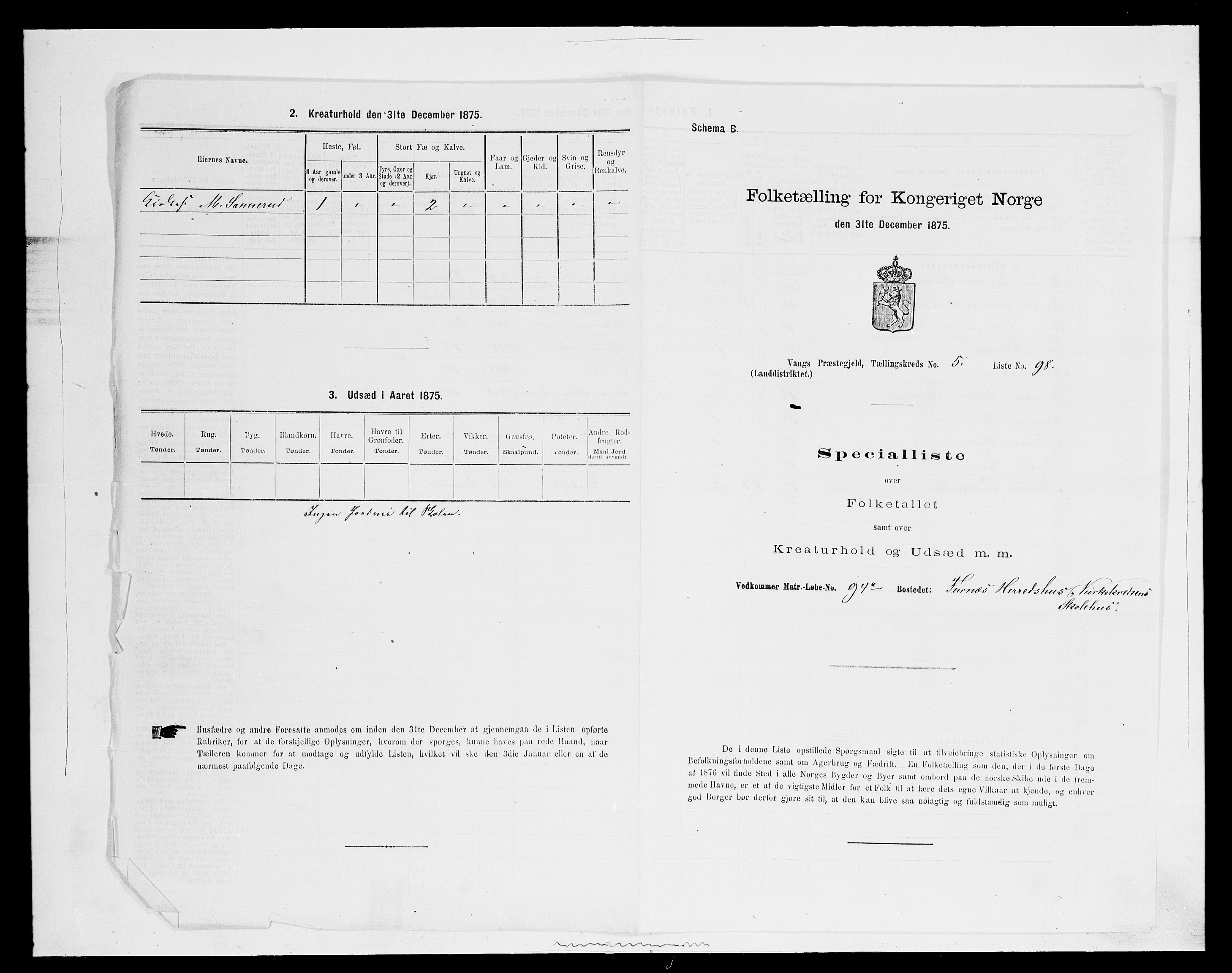 SAH, 1875 census for 0414L Vang/Vang og Furnes, 1875, p. 1274