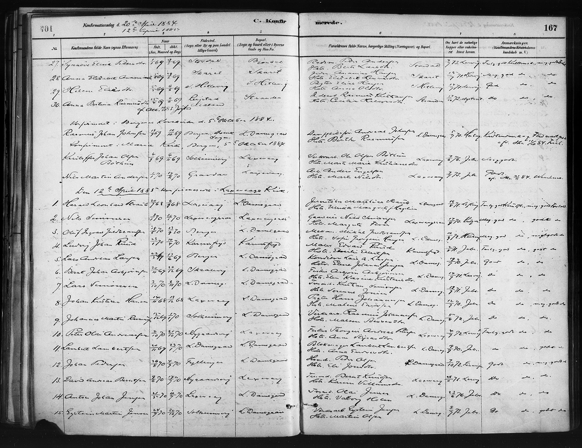 Askøy Sokneprestembete, AV/SAB-A-74101/H/Ha/Haa/Haae/L0002: Parish register (official) no. E 2, 1878-1891, p. 167