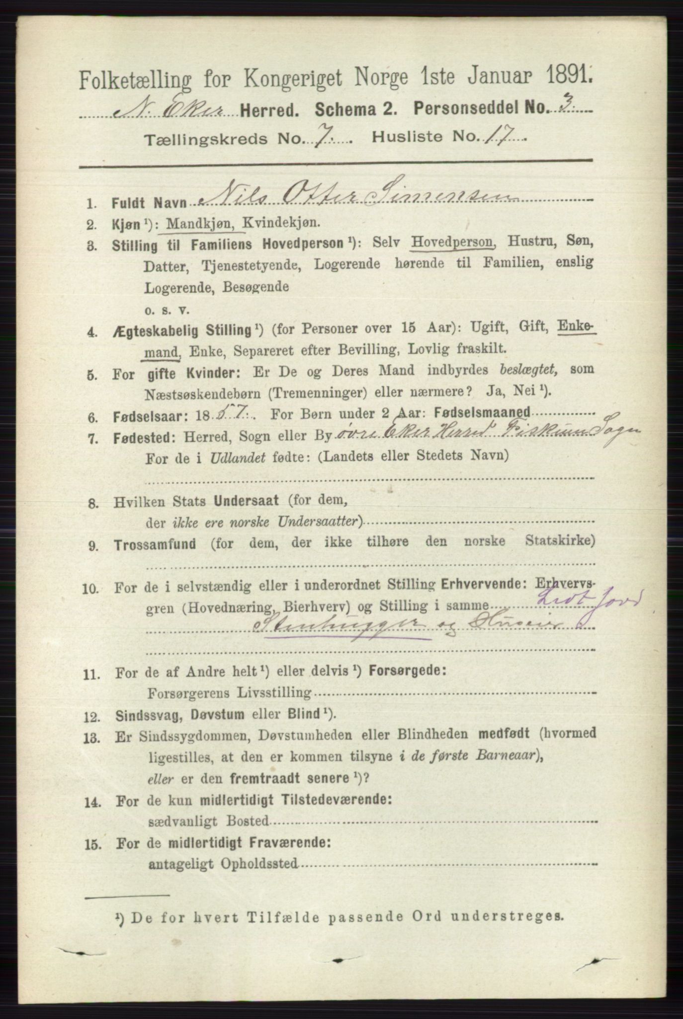 RA, 1891 census for 0625 Nedre Eiker, 1891, p. 3501