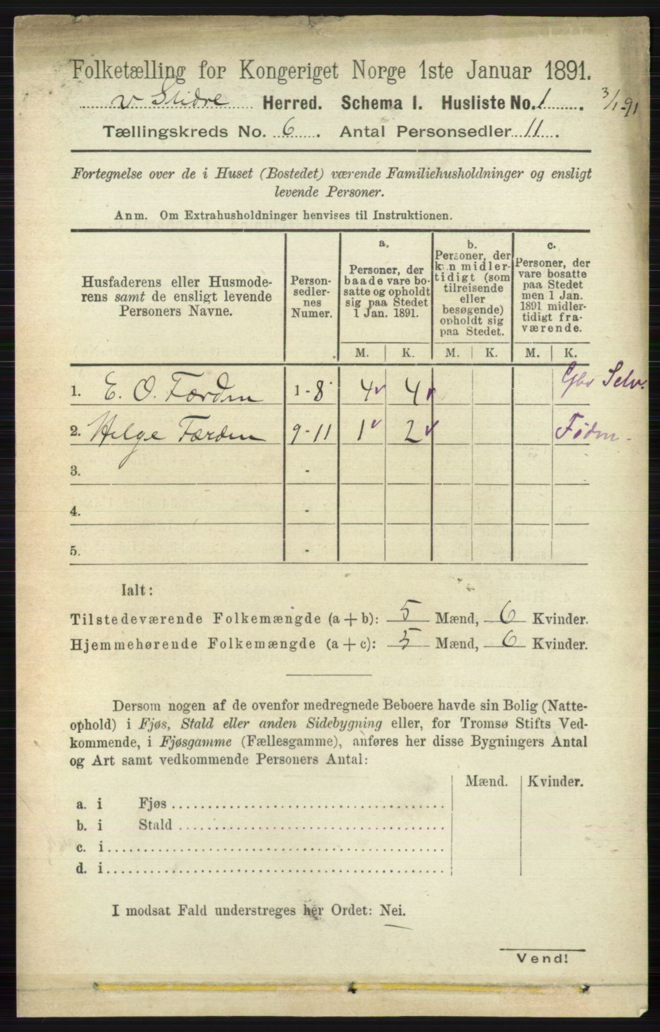 RA, 1891 census for 0543 Vestre Slidre, 1891, p. 1989