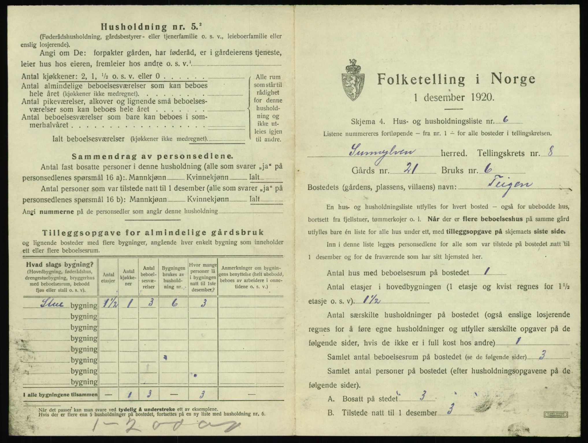 SAT, 1920 census for Sunnylven, 1920, p. 410