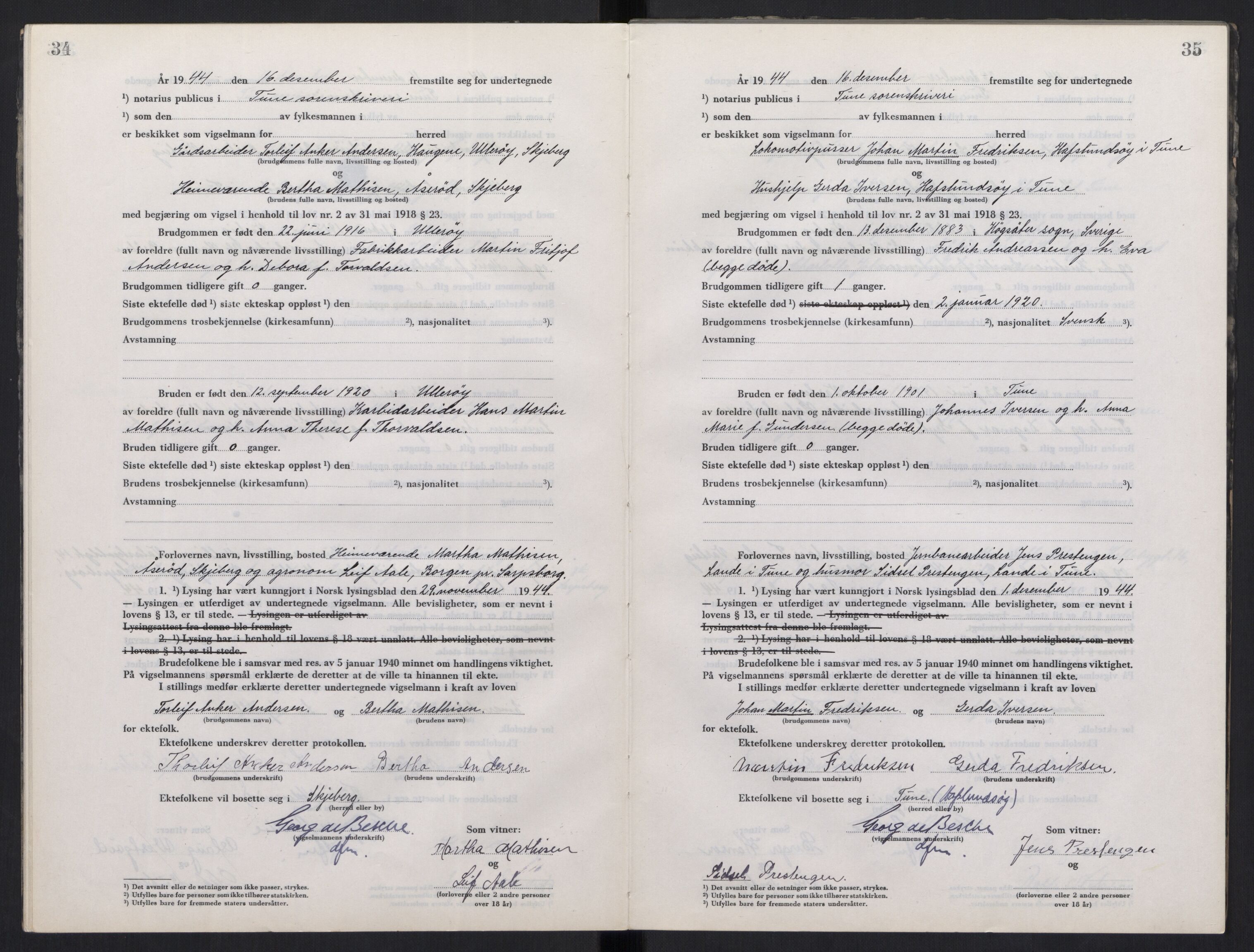 Tune sorenskriveri, AV/SAO-A-10470/L/Lb/L0003: Vigselprotokoll, 1944-1951, p. 34-35