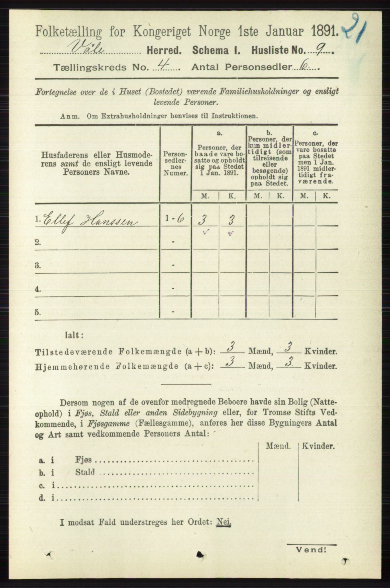 RA, 1891 census for 0716 Våle, 1891, p. 943