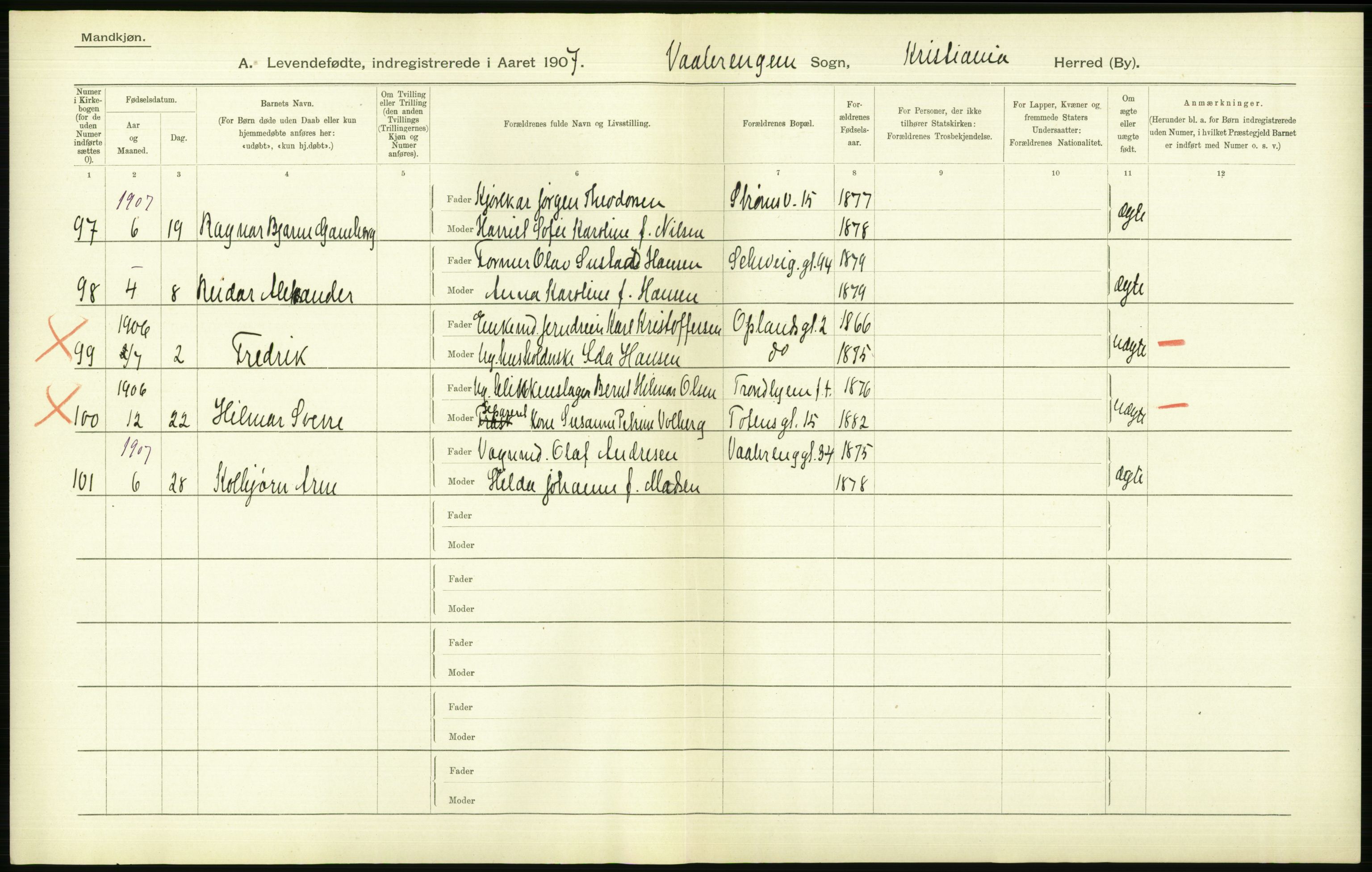 Statistisk sentralbyrå, Sosiodemografiske emner, Befolkning, AV/RA-S-2228/D/Df/Dfa/Dfae/L0007: Kristiania: Levendefødte menn og kvinner., 1907, p. 594