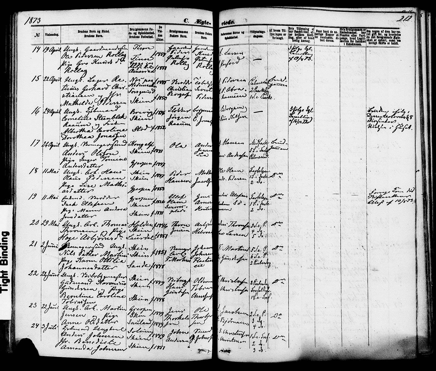 Skien kirkebøker, SAKO/A-302/F/Fa/L0008: Parish register (official) no. 8, 1866-1877, p. 212