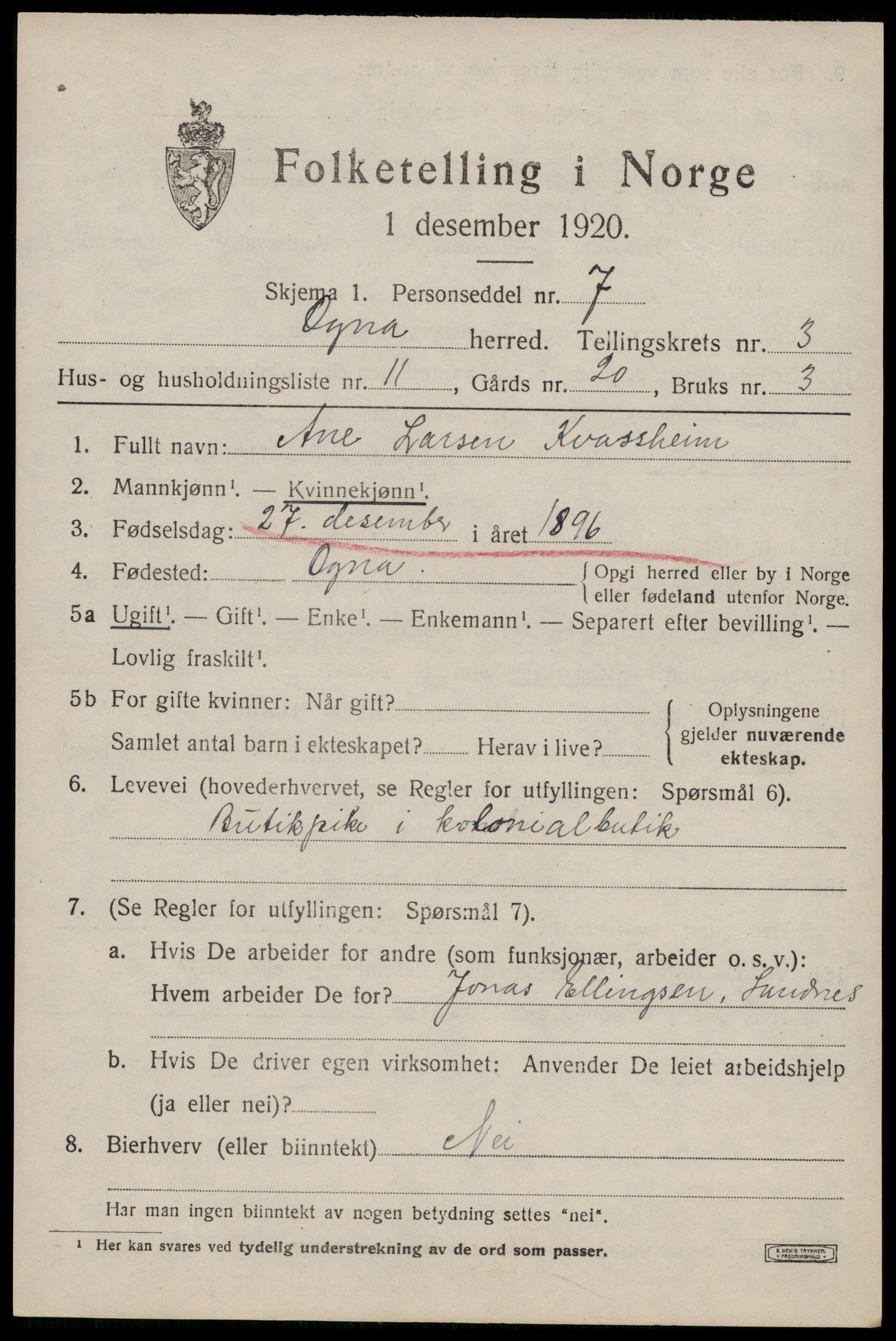 SAST, 1920 census for Ogna, 1920, p. 1893