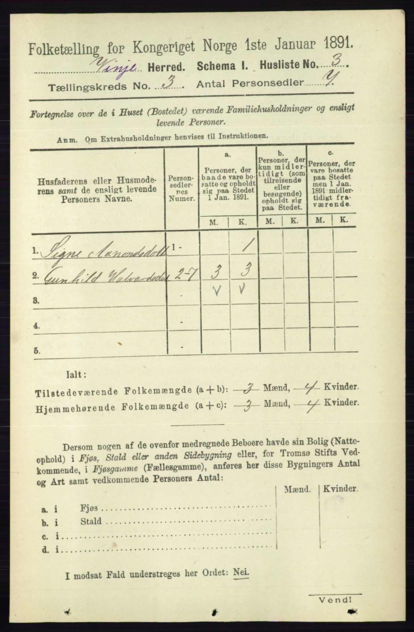 RA, 1891 census for 0834 Vinje, 1891, p. 603