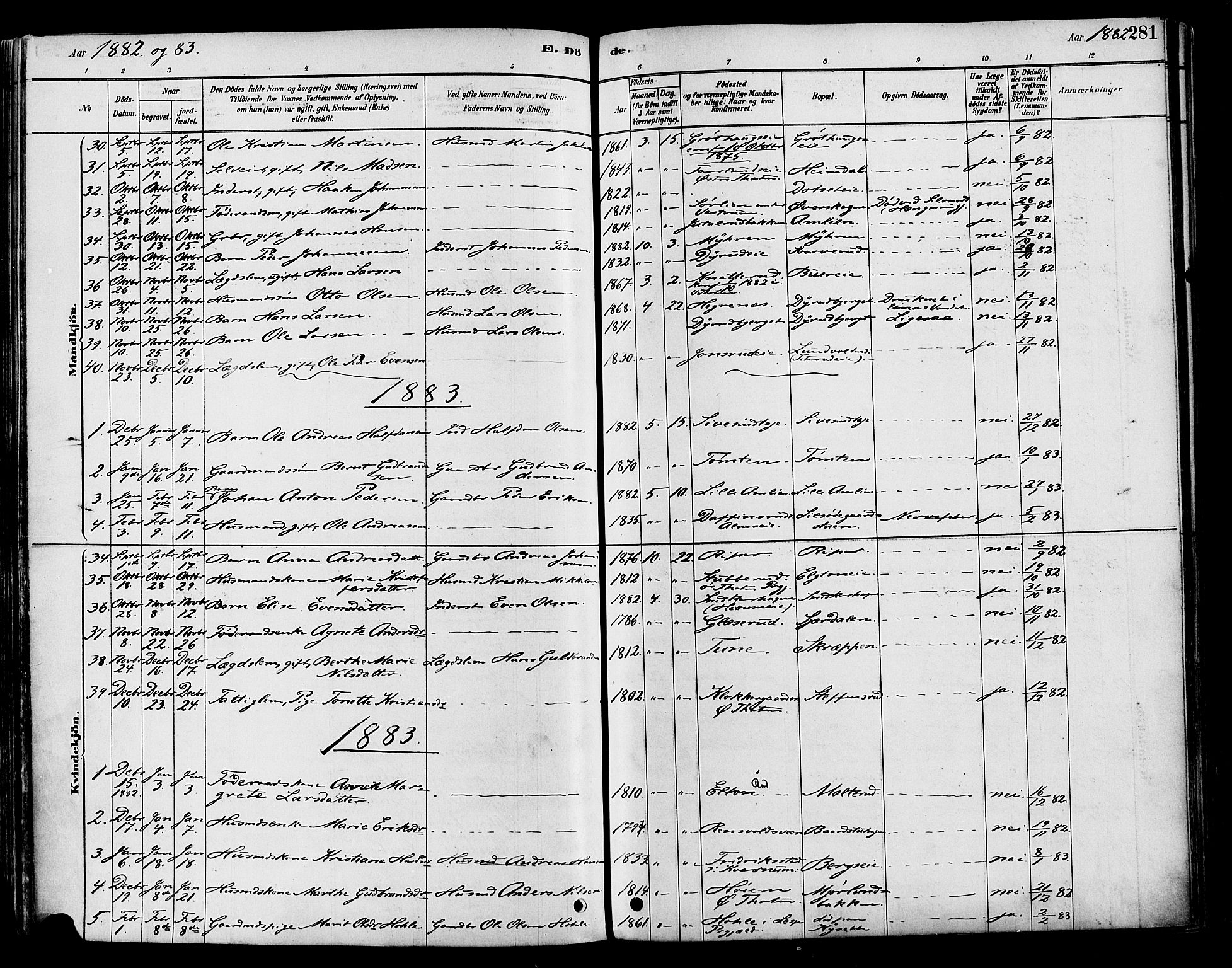Vestre Toten prestekontor, SAH/PREST-108/H/Ha/Haa/L0009: Parish register (official) no. 9, 1878-1894, p. 281
