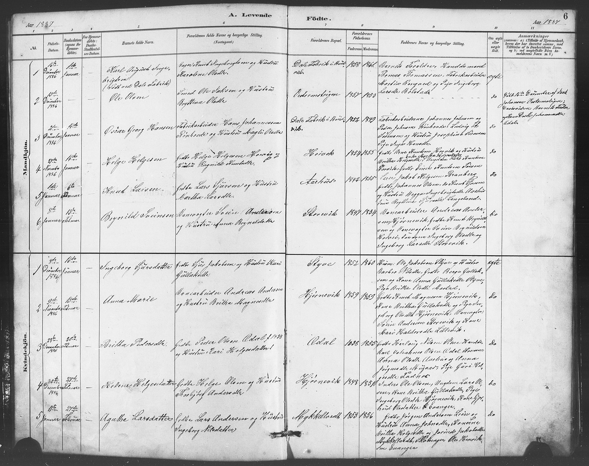 Evanger sokneprestembete, AV/SAB-A-99924: Parish register (copy) no. A 4, 1887-1897, p. 6