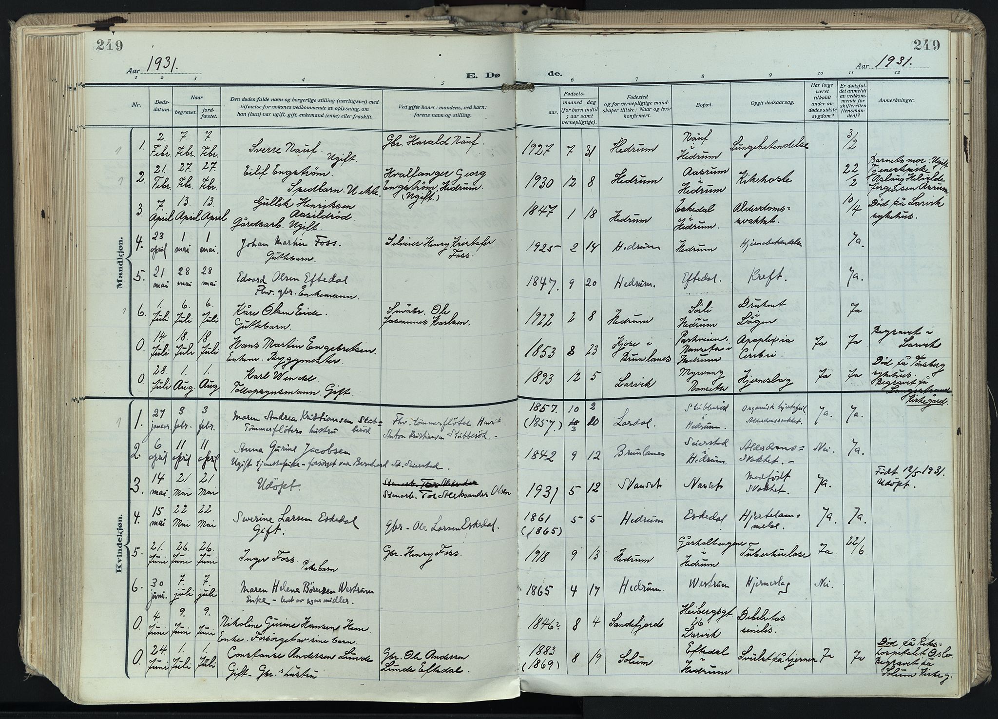 Hedrum kirkebøker, SAKO/A-344/F/Fa/L0011: Parish register (official) no. I 11, 1919-1933, p. 249