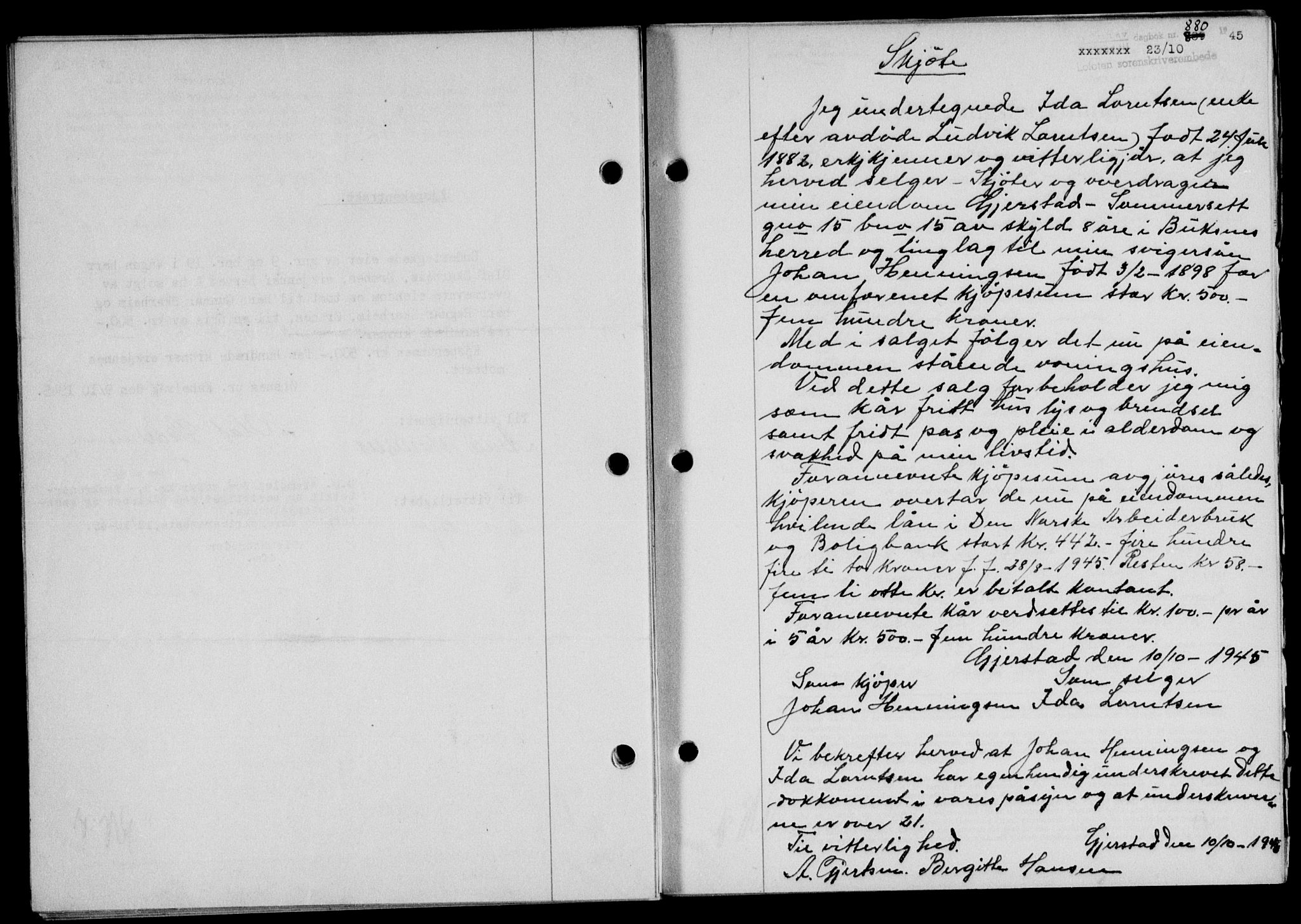 Lofoten sorenskriveri, SAT/A-0017/1/2/2C/L0013a: Mortgage book no. 13a, 1944-1946, Diary no: : 880/1945