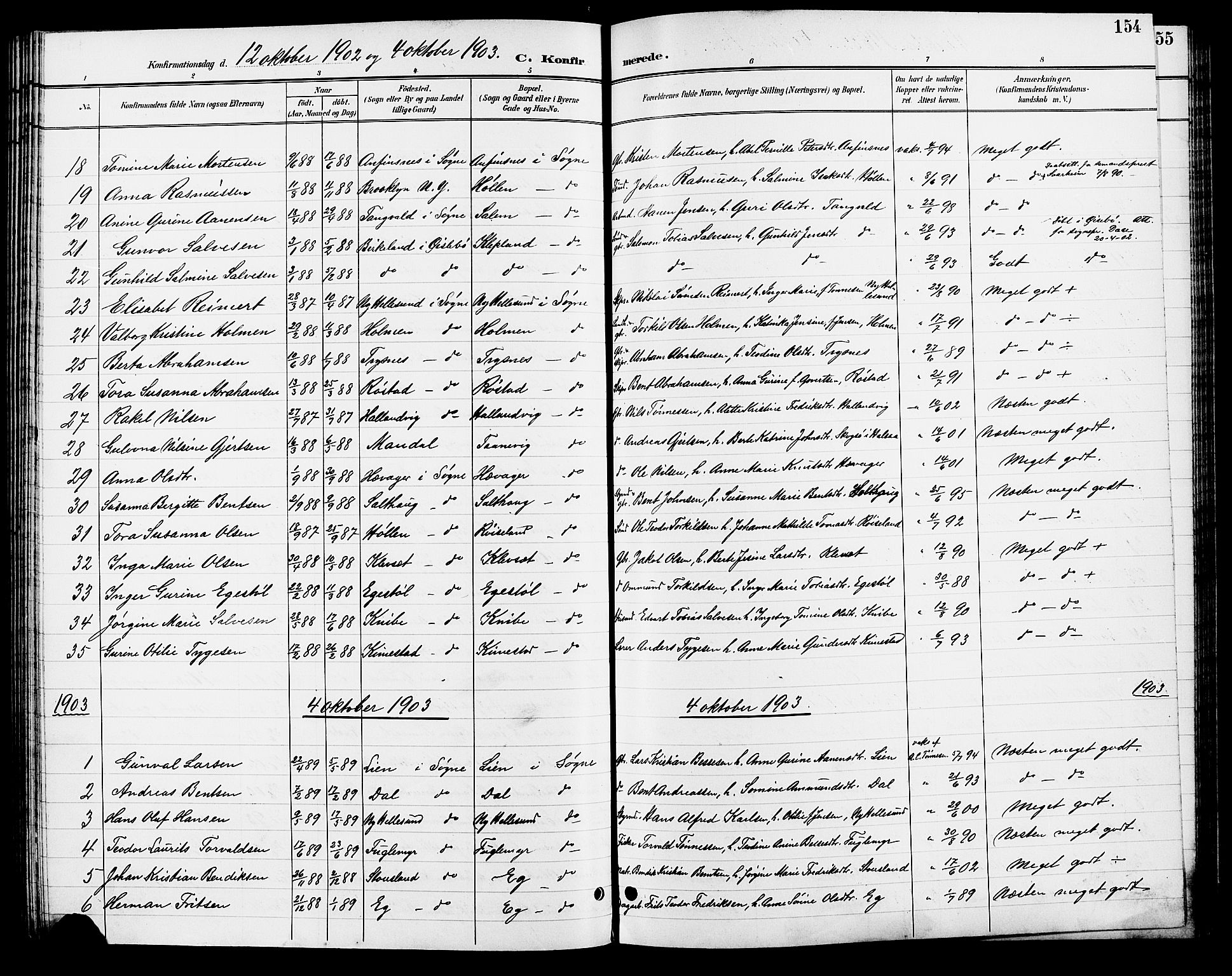 Søgne sokneprestkontor, SAK/1111-0037/F/Fb/Fbb/L0006: Parish register (copy) no. B 6, 1892-1911, p. 154
