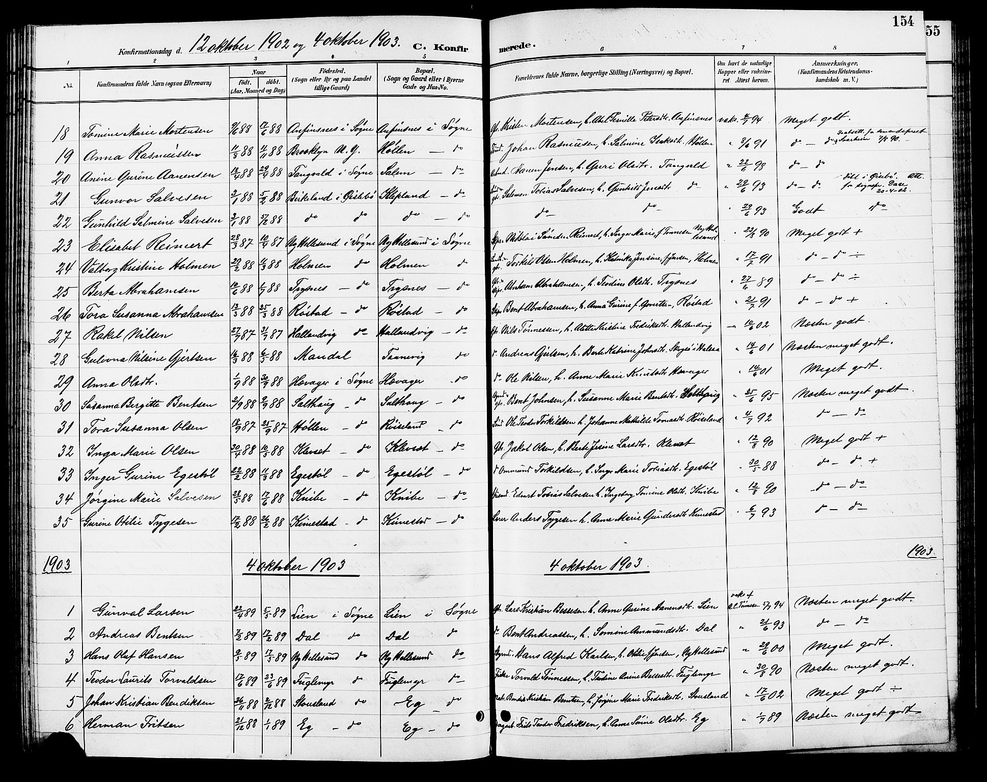 Søgne sokneprestkontor, AV/SAK-1111-0037/F/Fb/Fbb/L0006: Parish register (copy) no. B 6, 1892-1911, p. 154