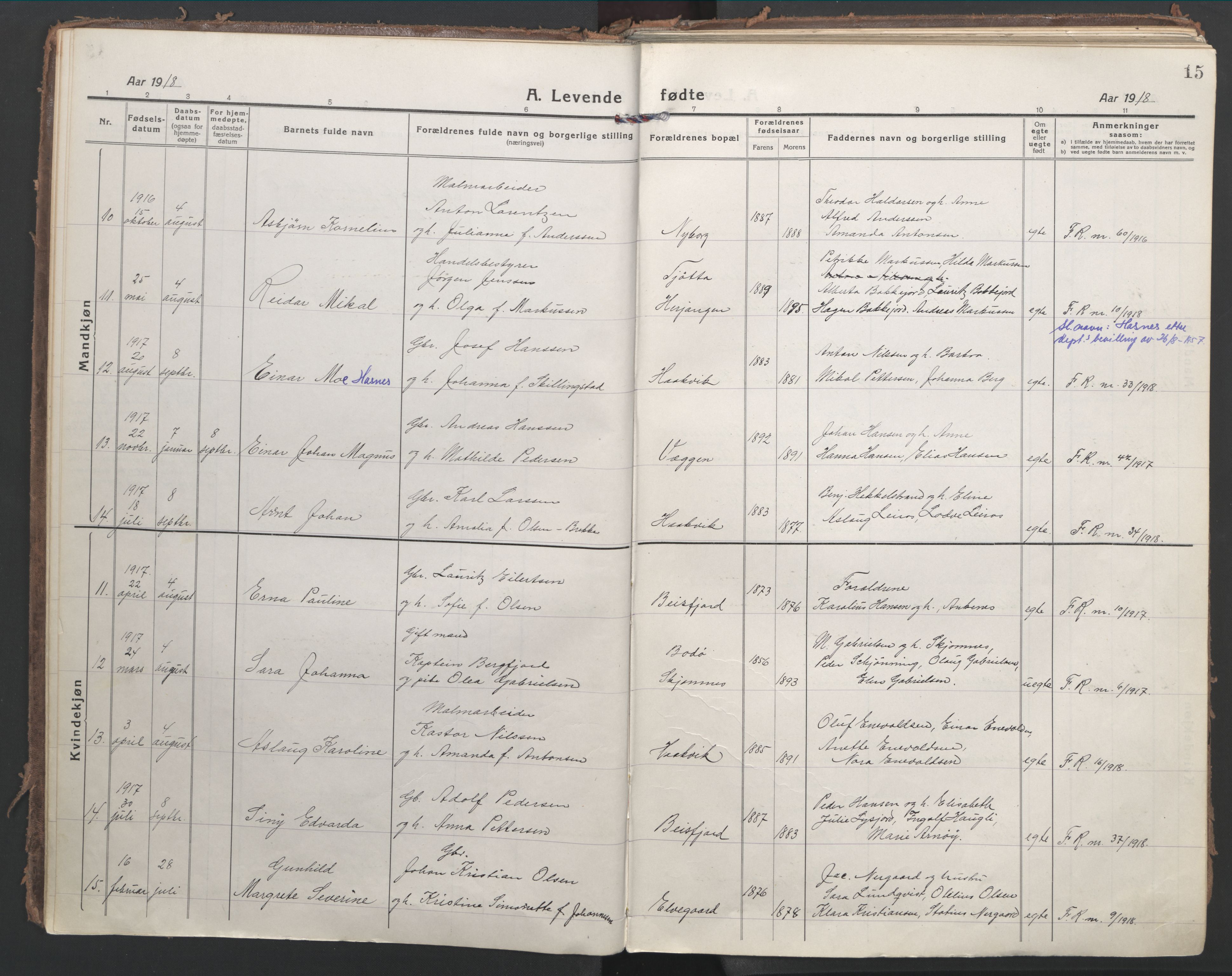 Ministerialprotokoller, klokkerbøker og fødselsregistre - Nordland, AV/SAT-A-1459/866/L0945: Parish register (official) no. 866A08, 1917-1935, p. 15