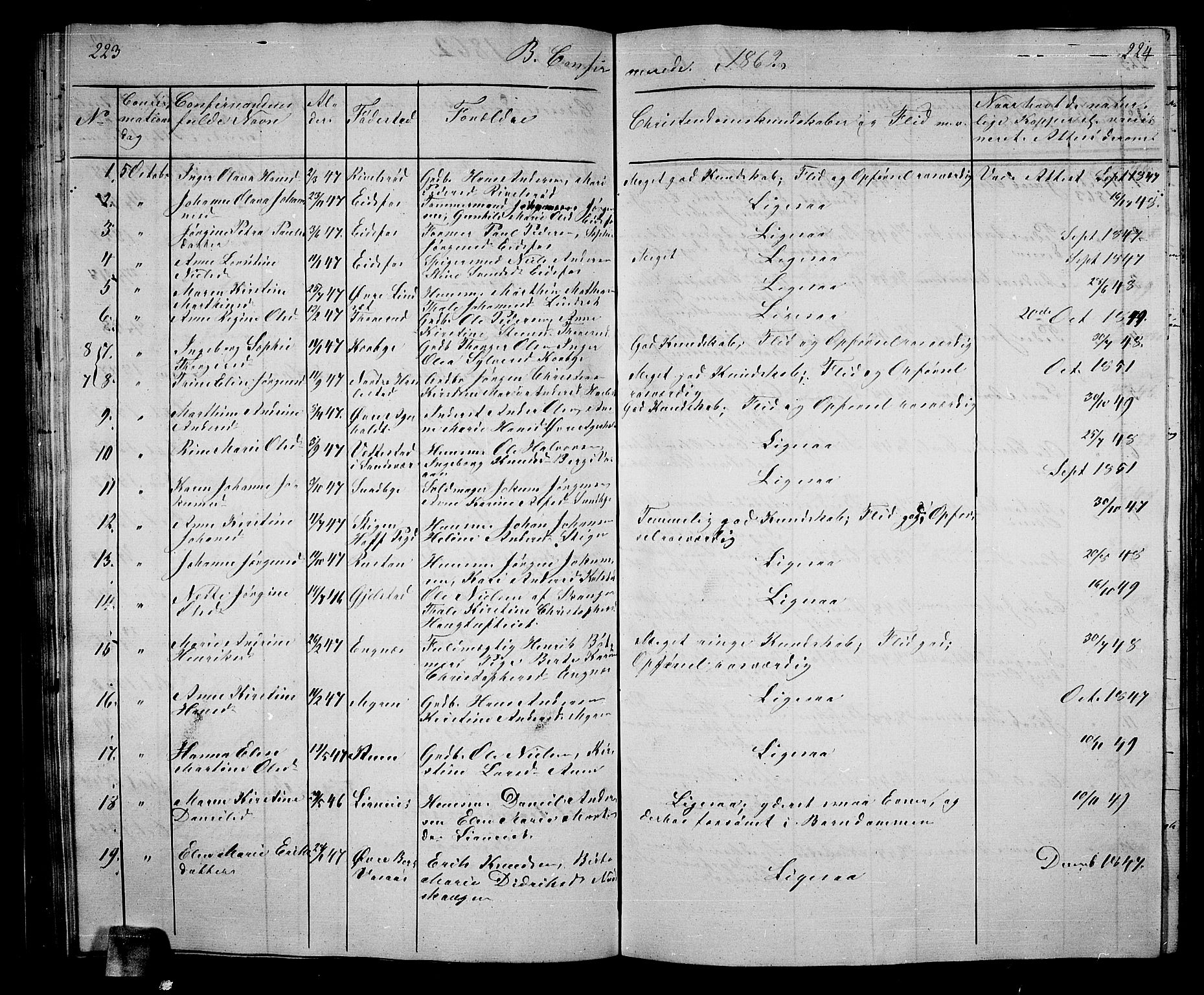 Hof kirkebøker, AV/SAKO-A-64/G/Ga/L0002: Parish register (copy) no. I 2, 1859-1873, p. 223-224