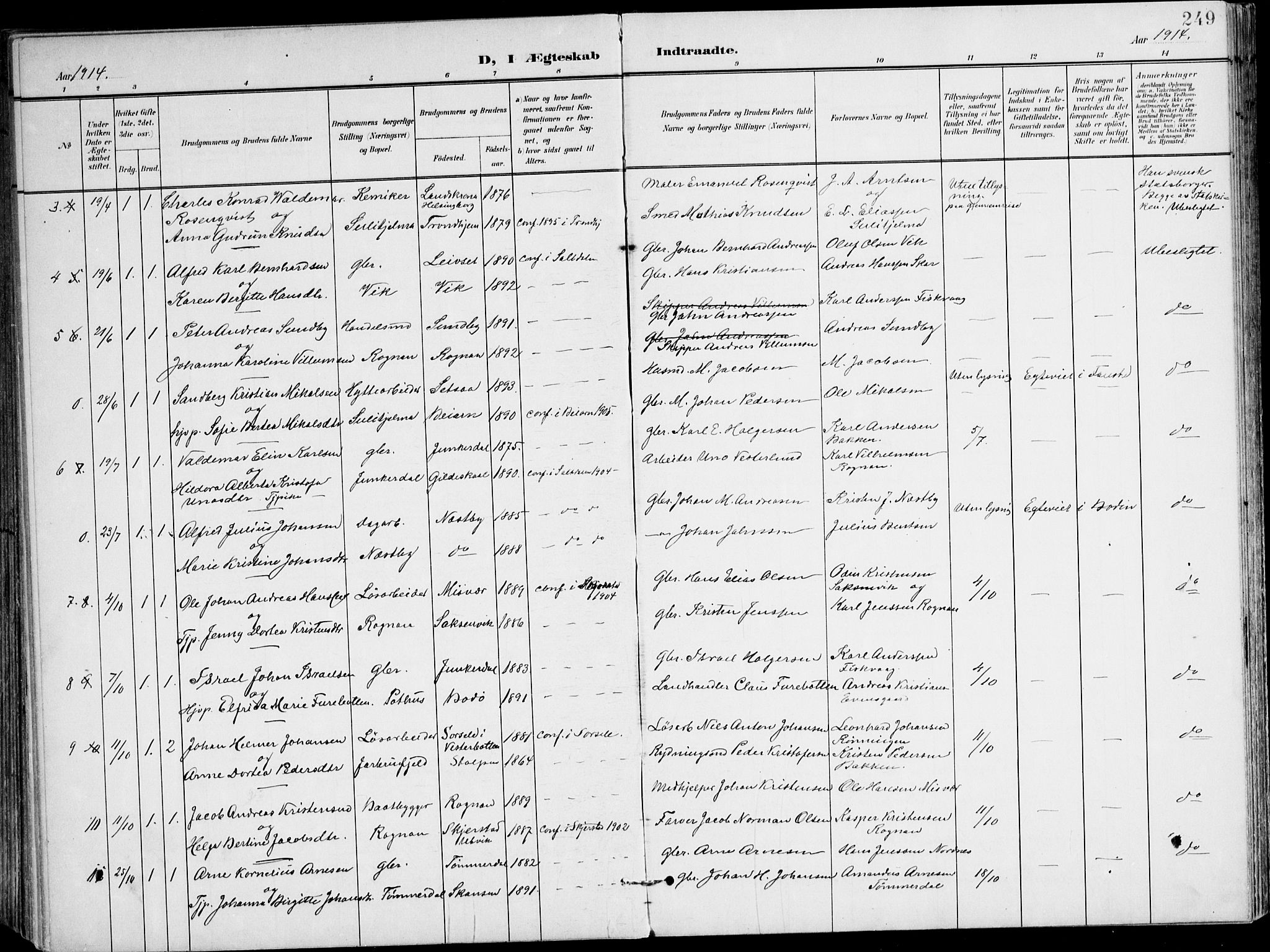 Ministerialprotokoller, klokkerbøker og fødselsregistre - Nordland, SAT/A-1459/847/L0672: Parish register (official) no. 847A12, 1902-1919, p. 249