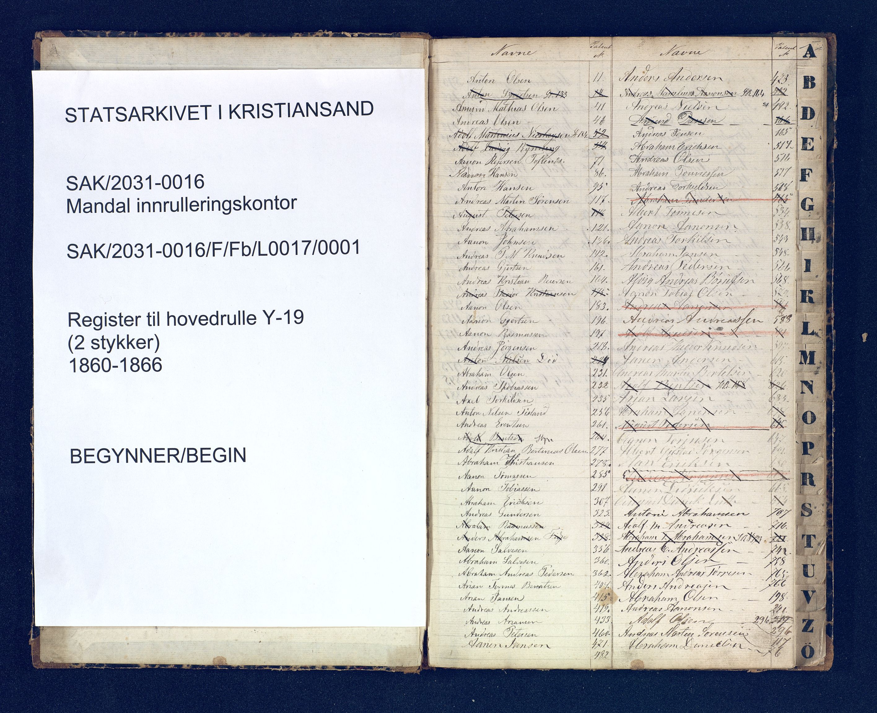 Mandal mønstringskrets, SAK/2031-0016/F/Fb/L0017/0001: Register til annontasjonsrulle og hovedrulle, Y-37 / Register til hovedrulle Y-19 (2 stykker), 1860-1866, p. 46