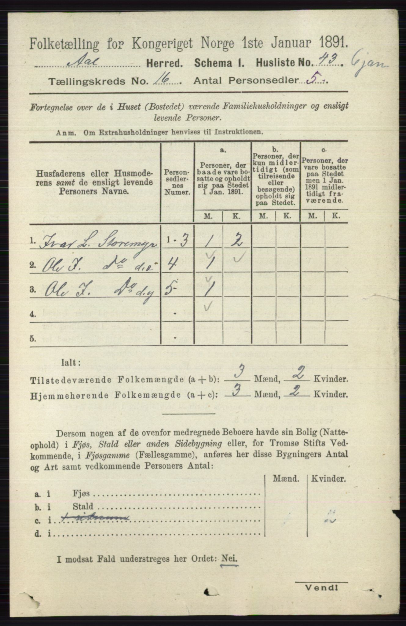 RA, 1891 census for 0619 Ål, 1891, p. 4039